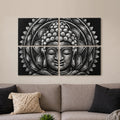 Set of 4 Grey Buddha Wall Art Painting - Mandala Brocade Detail - 30x40cm