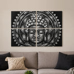 Set of 4 Grey Buddha Wall Art Painting - Mandala Brocade Detail - 30x40cm