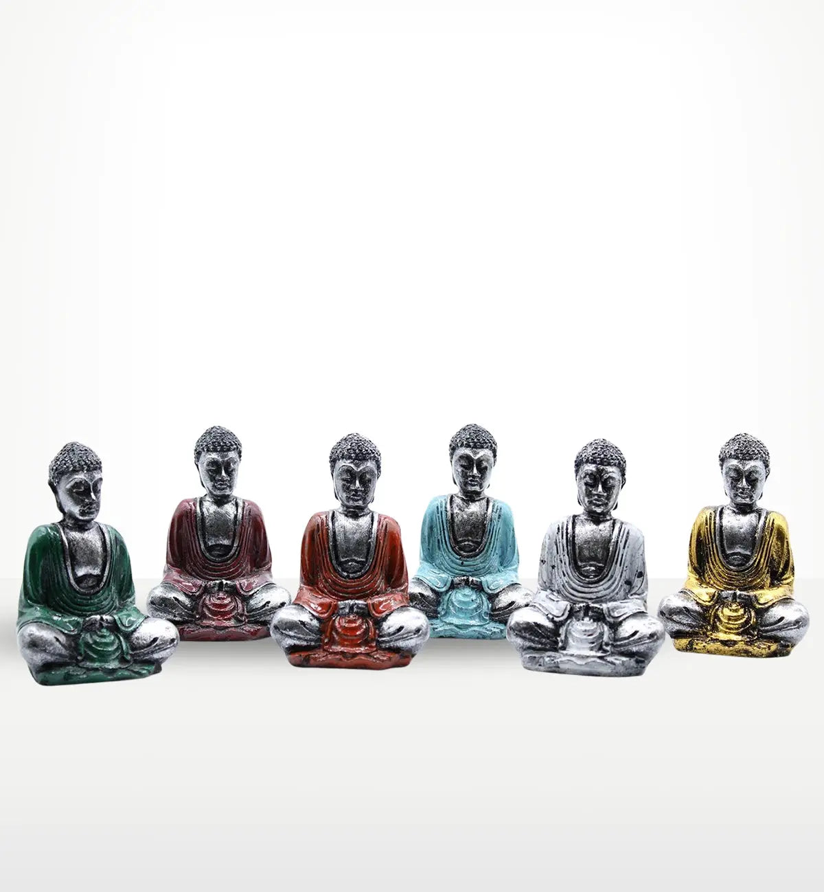 Silver Mini Buddha (Assorted Colours) featuring six hand-painted resin Buddha statues in green, red, orange, blue, silver, and gold, perfect for Buddha decor or tabletop display.