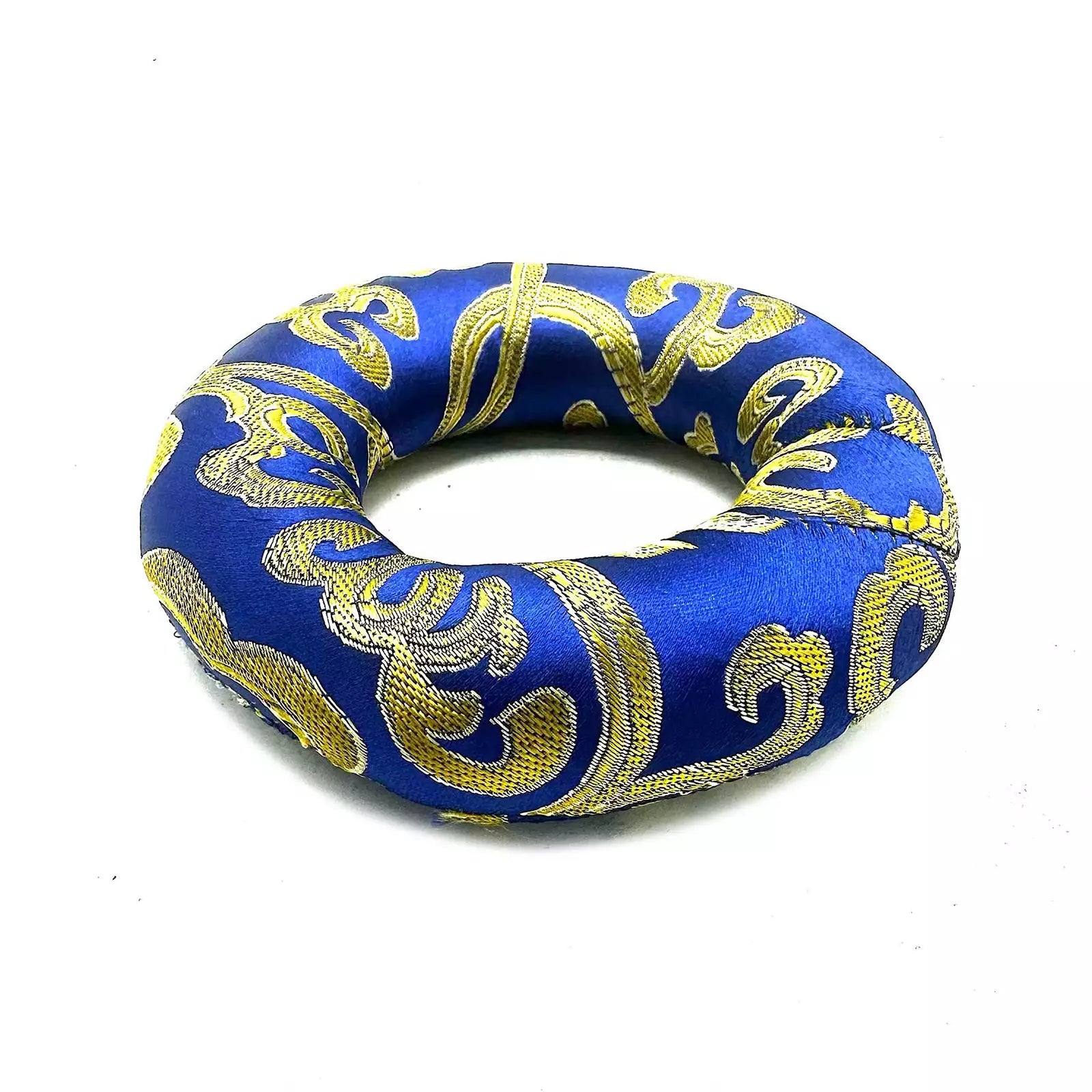 A blue satin ring-shaped cushion with an ornate gold damask pattern, photographed on a plain white background.