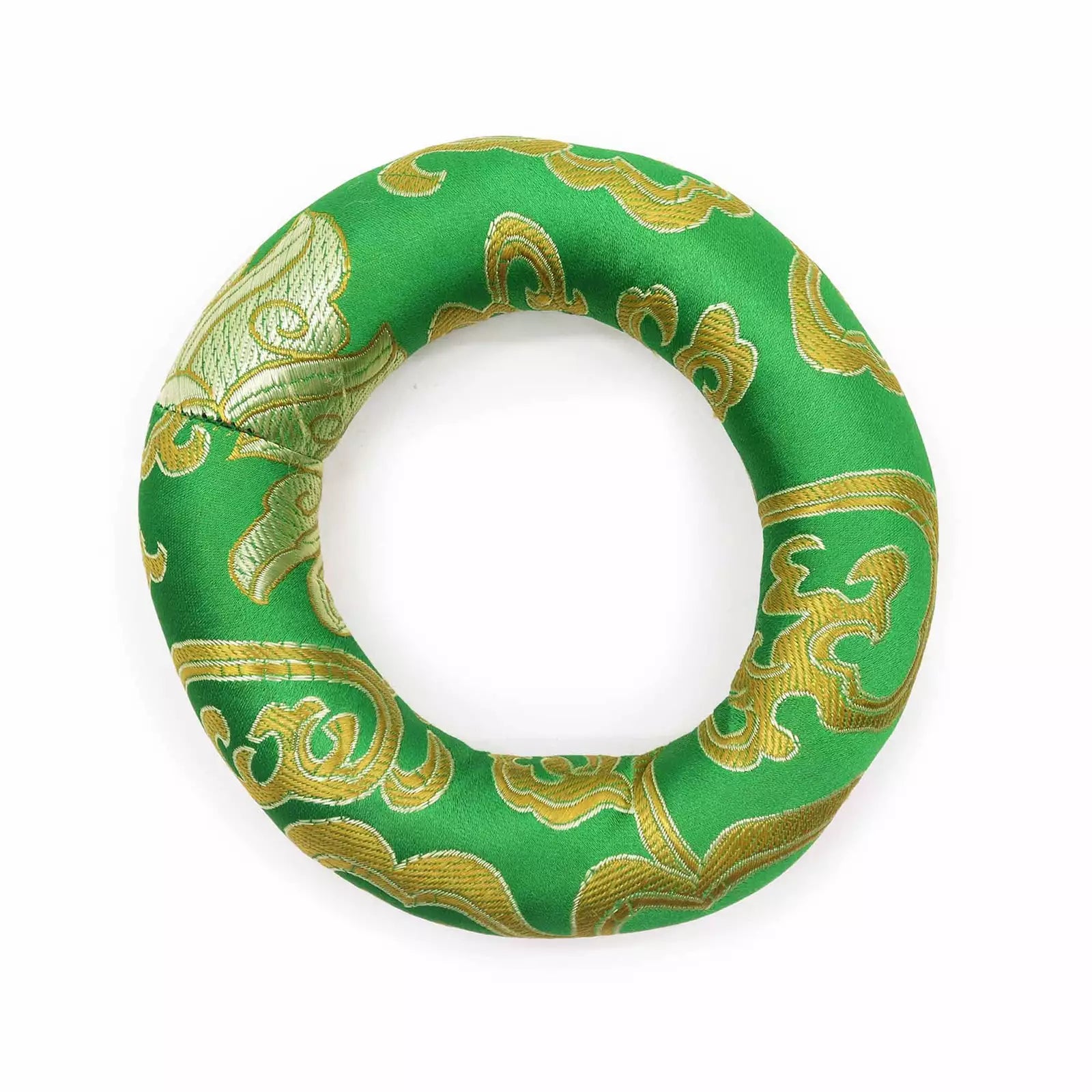 A green padded circular ring with gold embroidered traditional scrollwork patterns, shown on a plain white background.