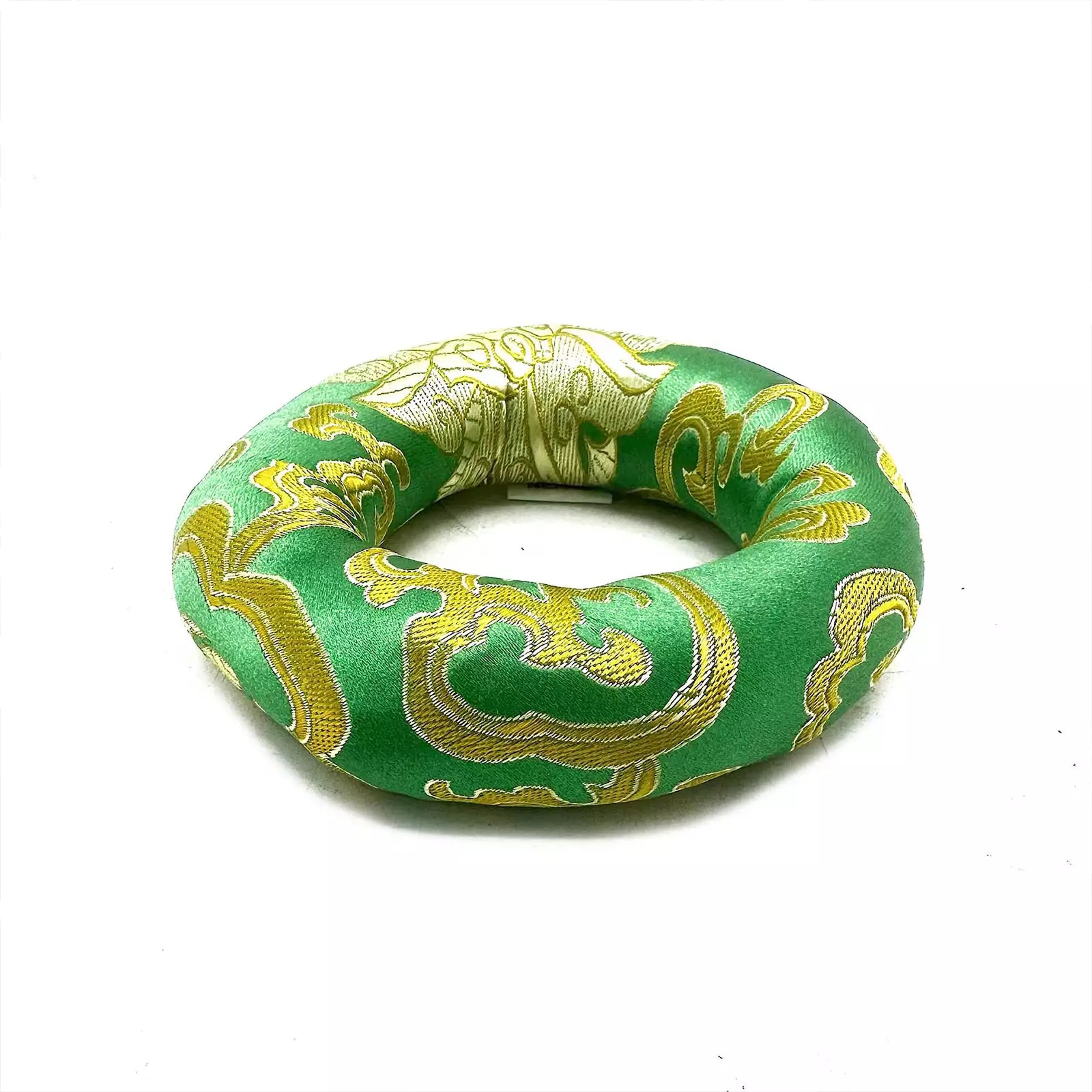 A green silk-like ring cushion with gold dragon patterns, photographed on a plain white background.