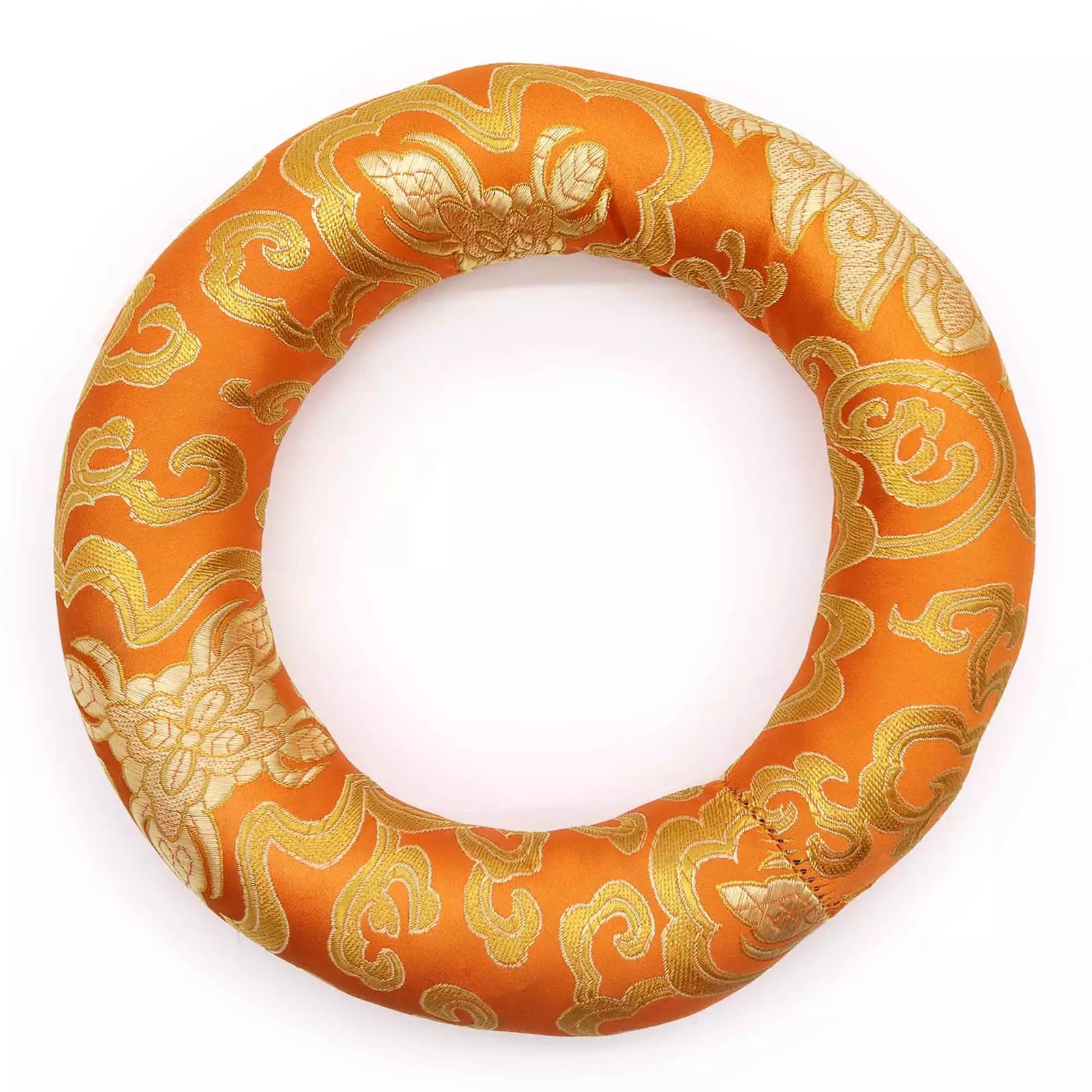An orange circular ring-shaped cushion or bolster with an ornate gold brocade pattern, shown against a plain white background.