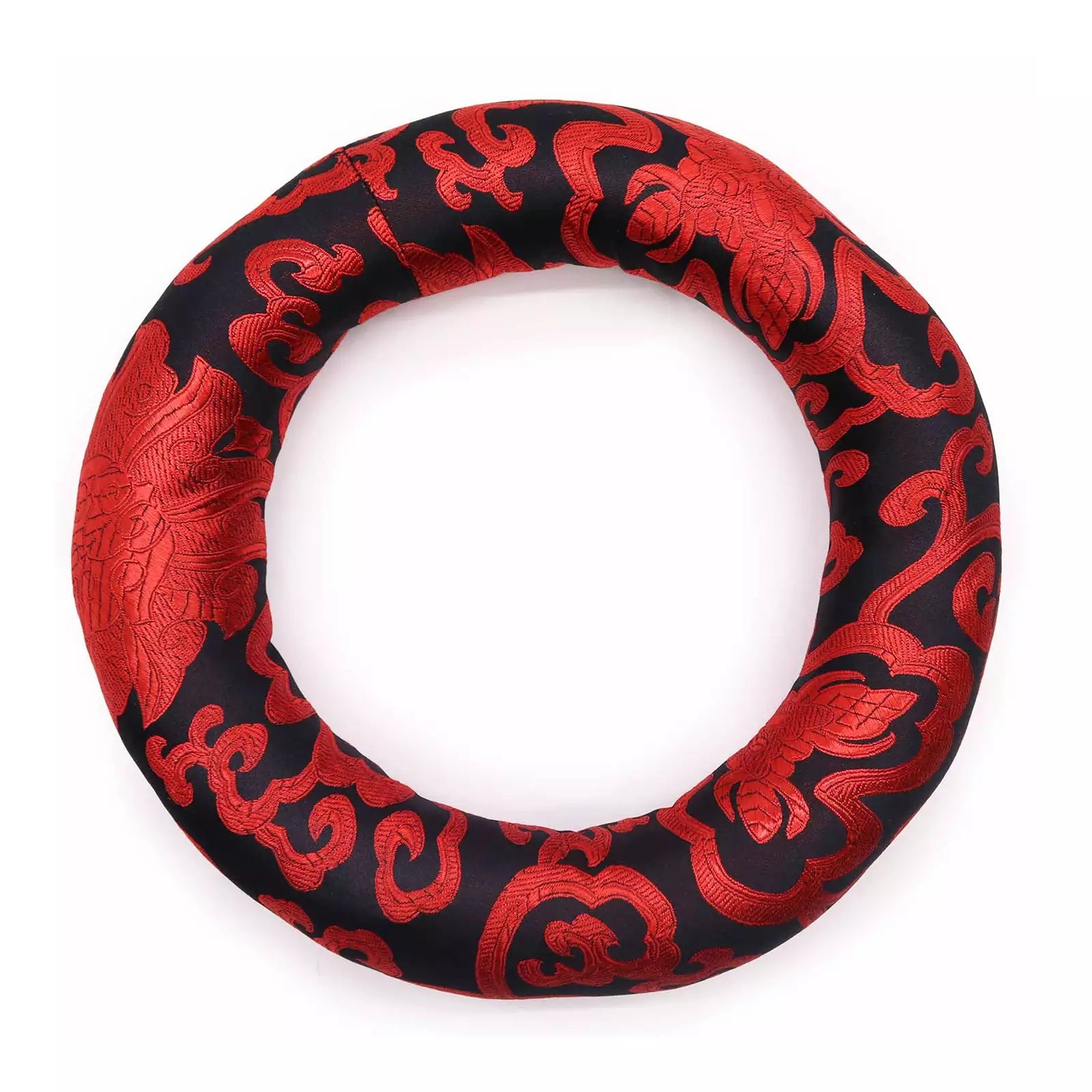 A circular ring-shaped product, likely a decorative collar pad or hair accessory, featuring a red and black damask pattern on a white background.