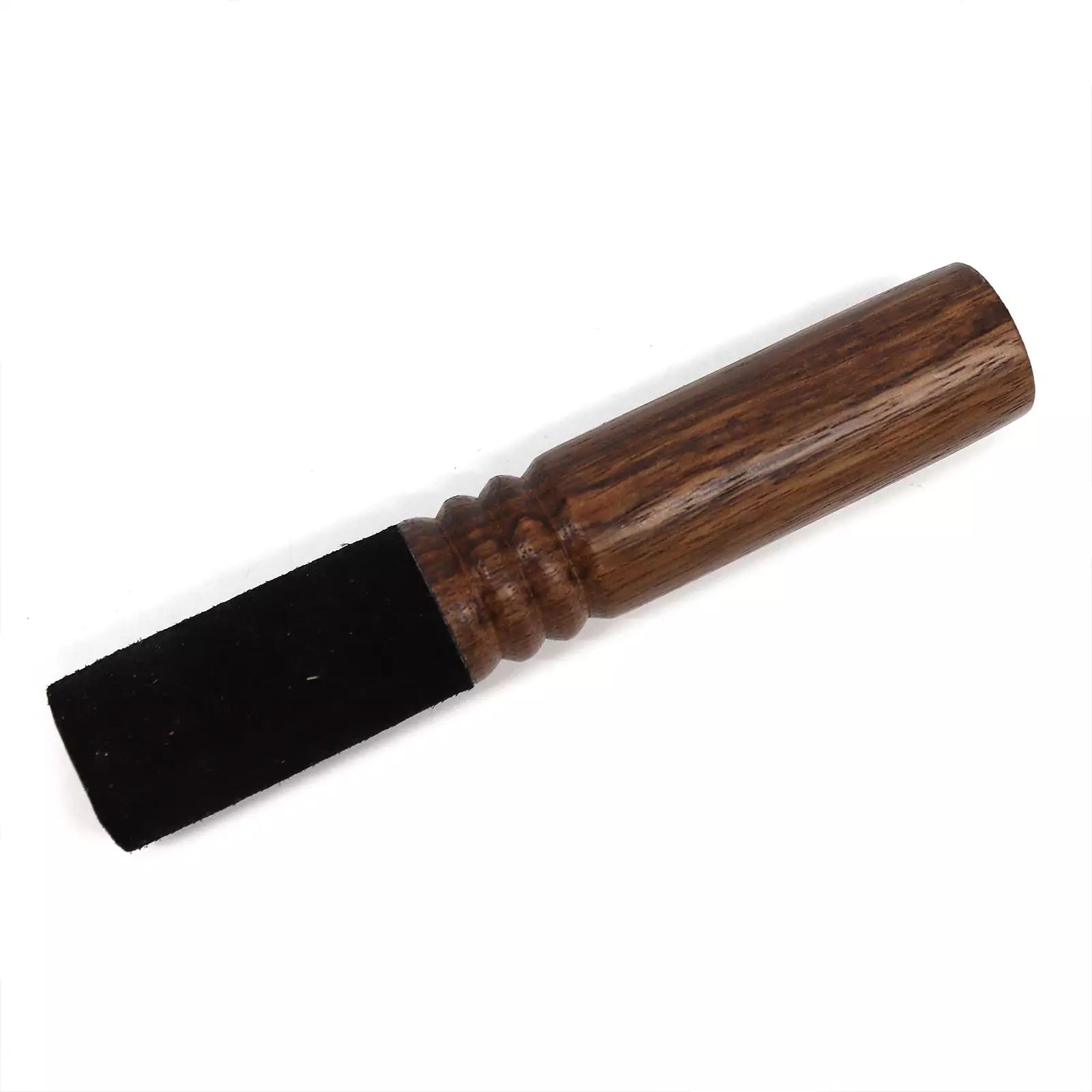 A wooden-handled brush with a black bristle head, photographed diagonally on a plain white background.