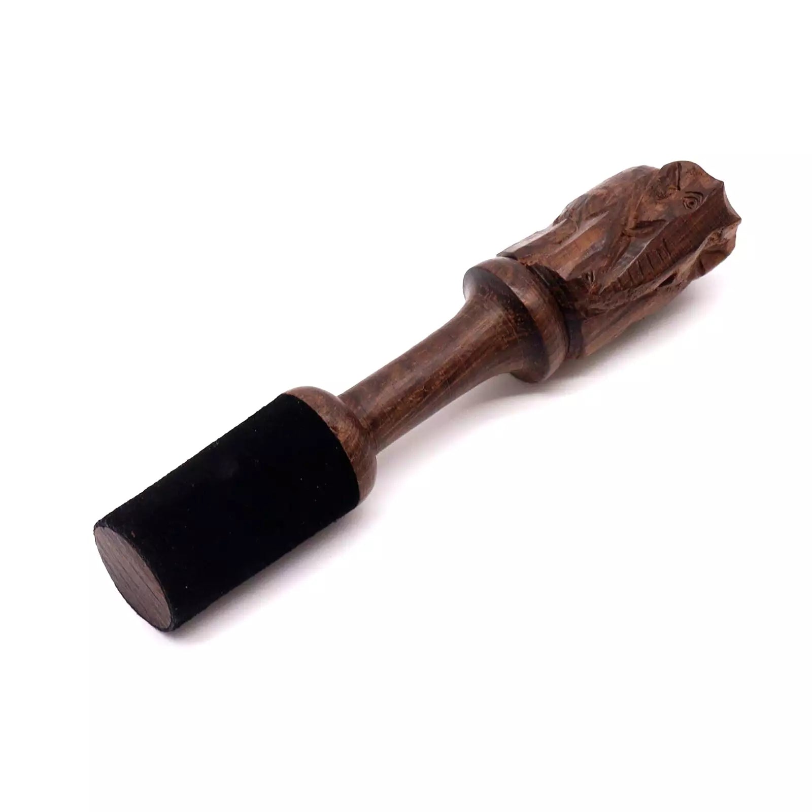 A hand-carved wooden mallet with a dark brown carved head and a black velvet or felt-wrapped handle, shown on a plain white background.