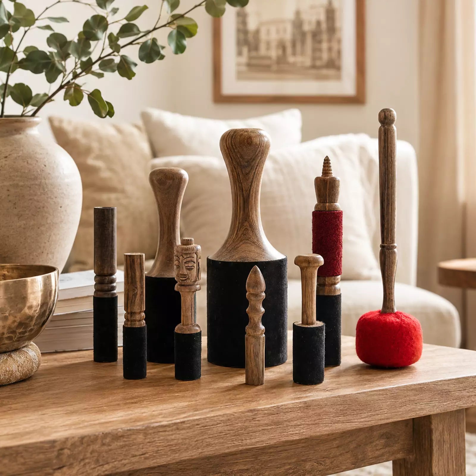 A set of wooden stamping or carving tools with black and red fabric-wrapped handles, displayed on a wooden table in a cozy living room setting.