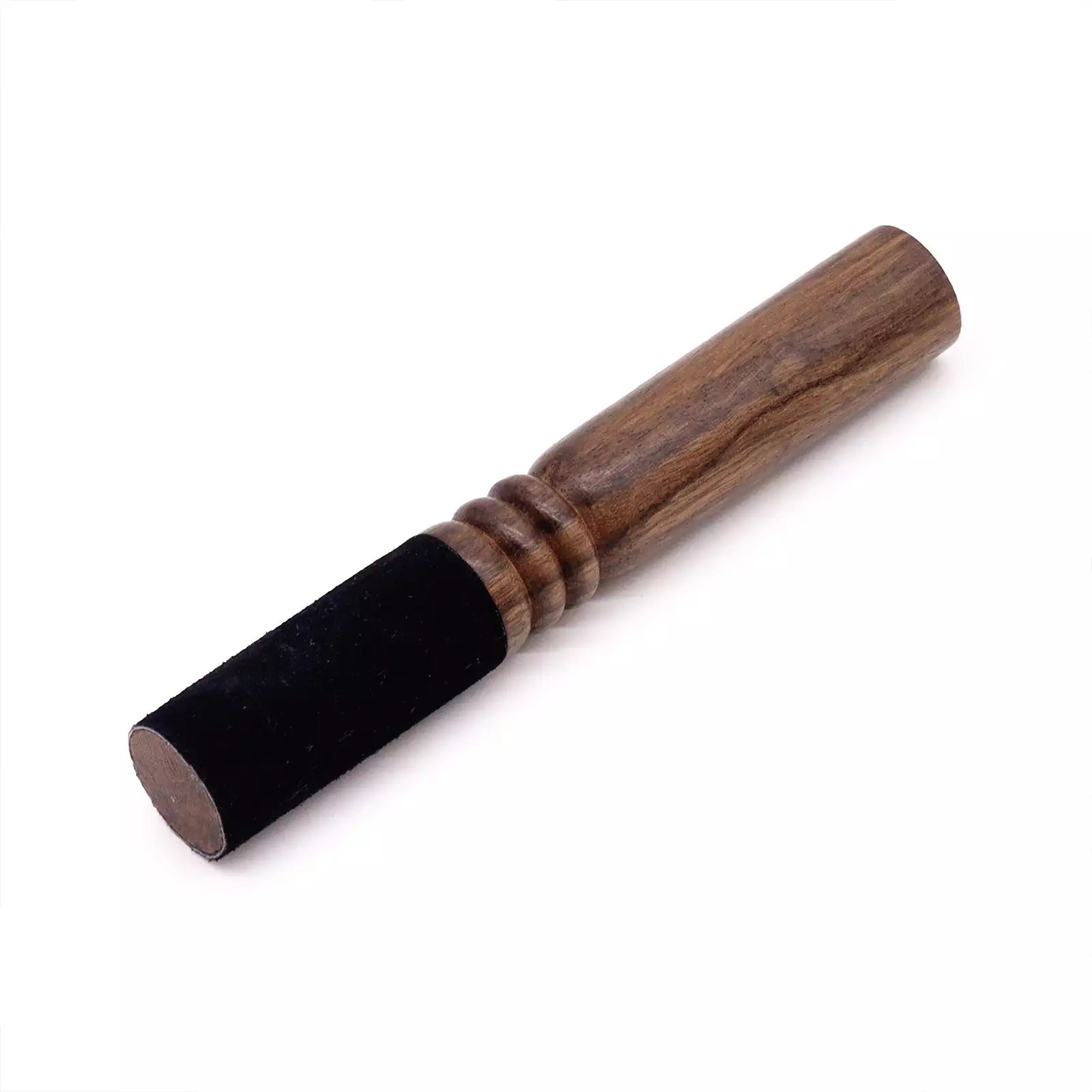 A wooden-handled massage tool with a black velvet-textured end, shown diagonally on a plain white background.