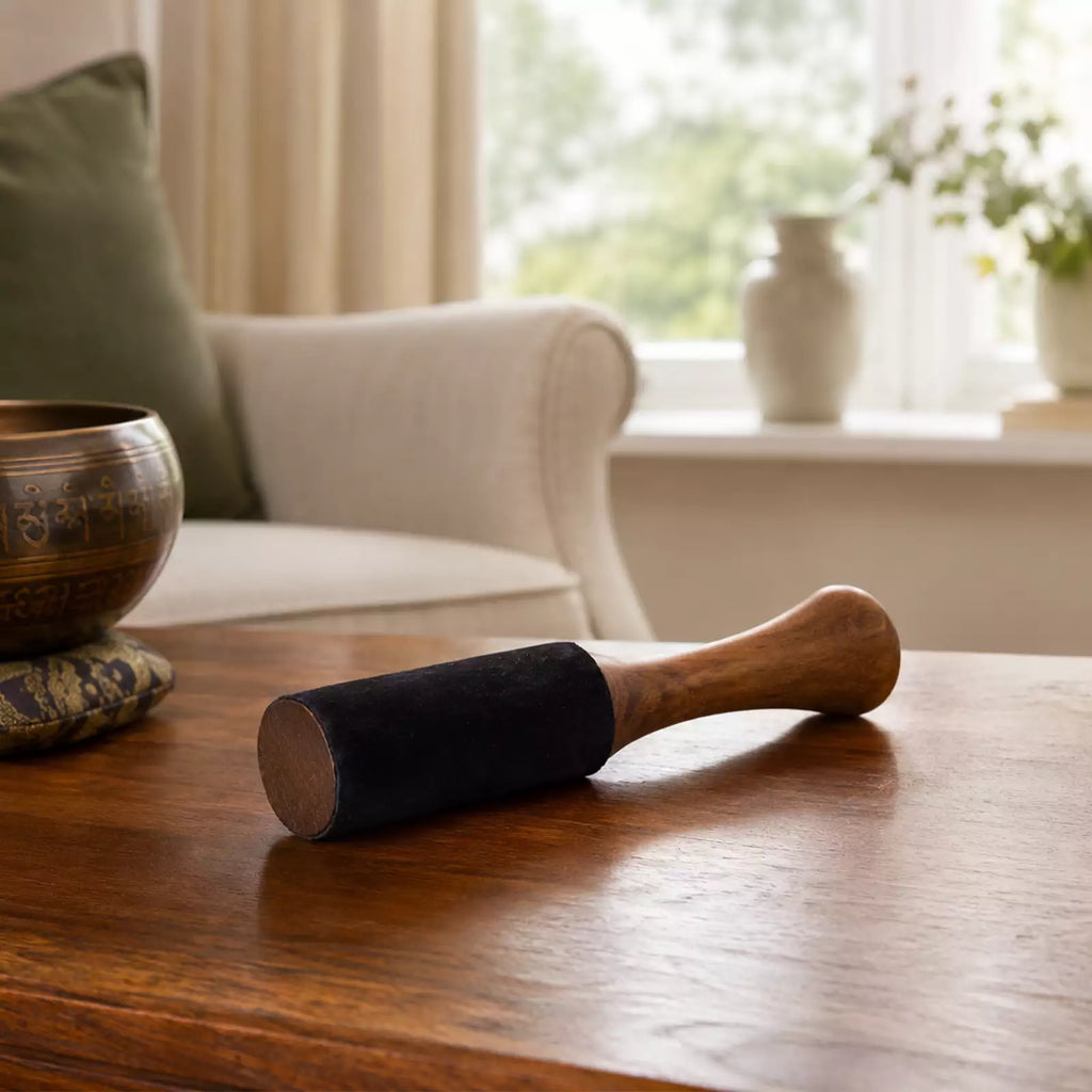 A wooden mallet with a dark velvet-wrapped head resting on a polished wooden table in a softly lit living room setting.