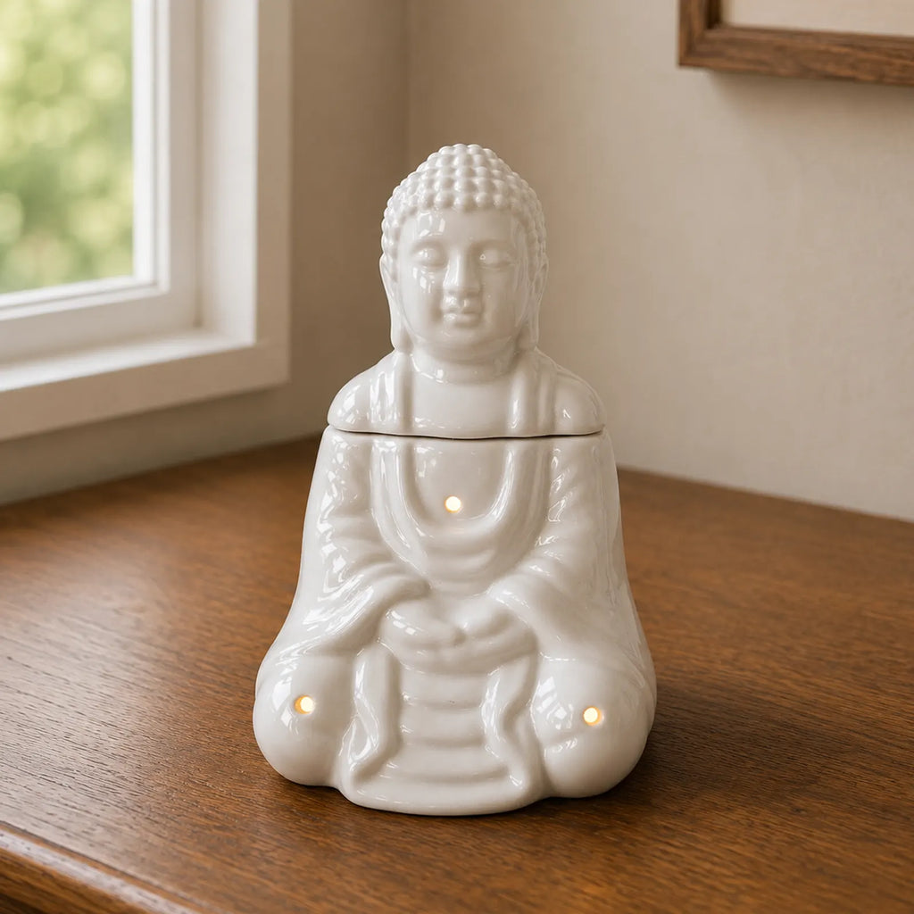 Sitting Buddha Oil Burner - White