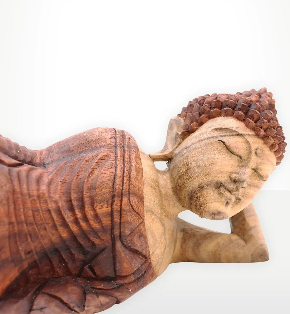 Sleeping Buddha - 50cm hand-carved wooden statue depicting a serene reclining Buddha with detailed features and textured hair, ideal for peaceful Buddha decor.
