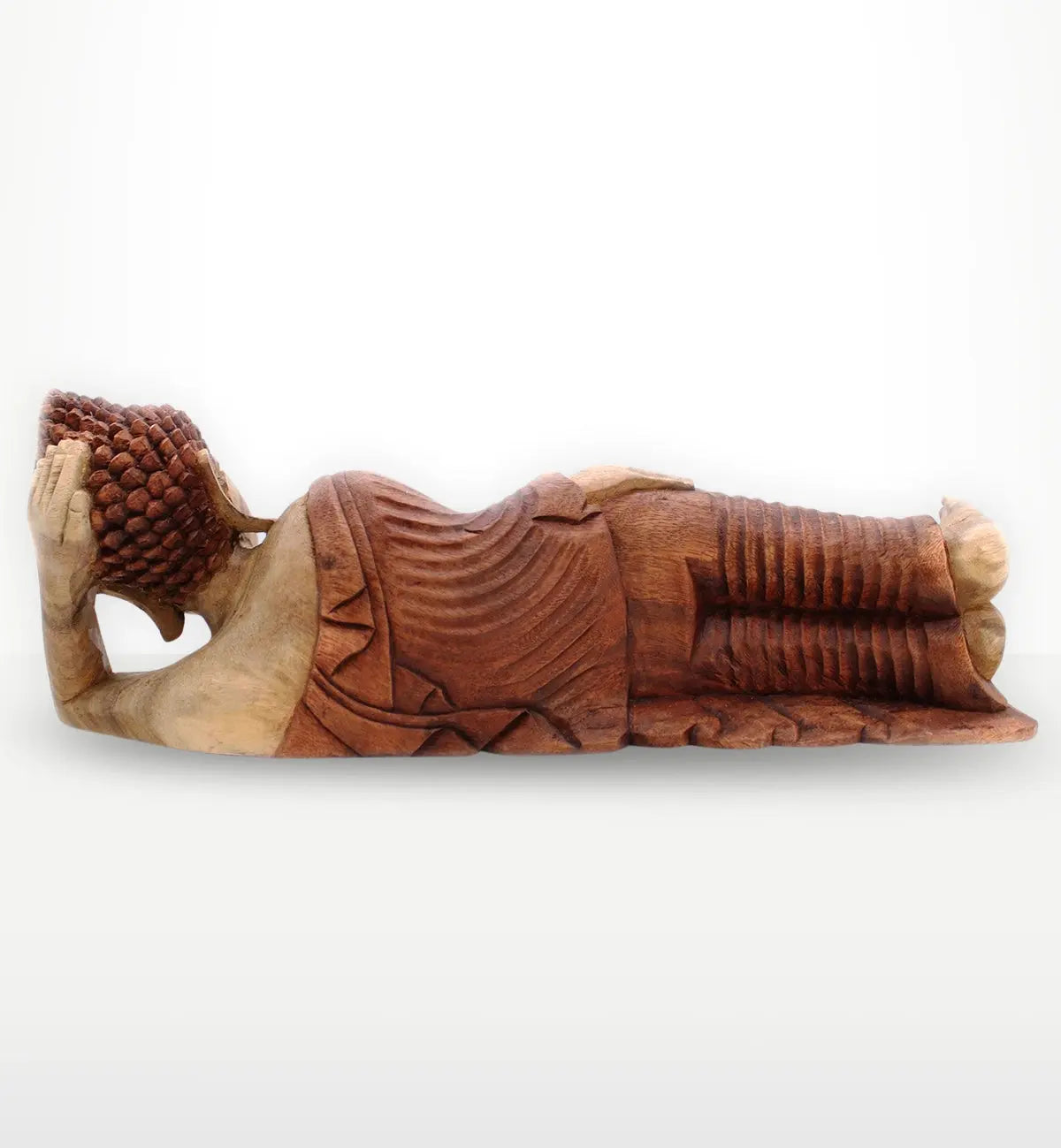Sleeping Buddha - 50cm wooden hand carved Buddha statue in a reclining pose, showcasing detailed craftsmanship and textured robe design for peaceful home decor.