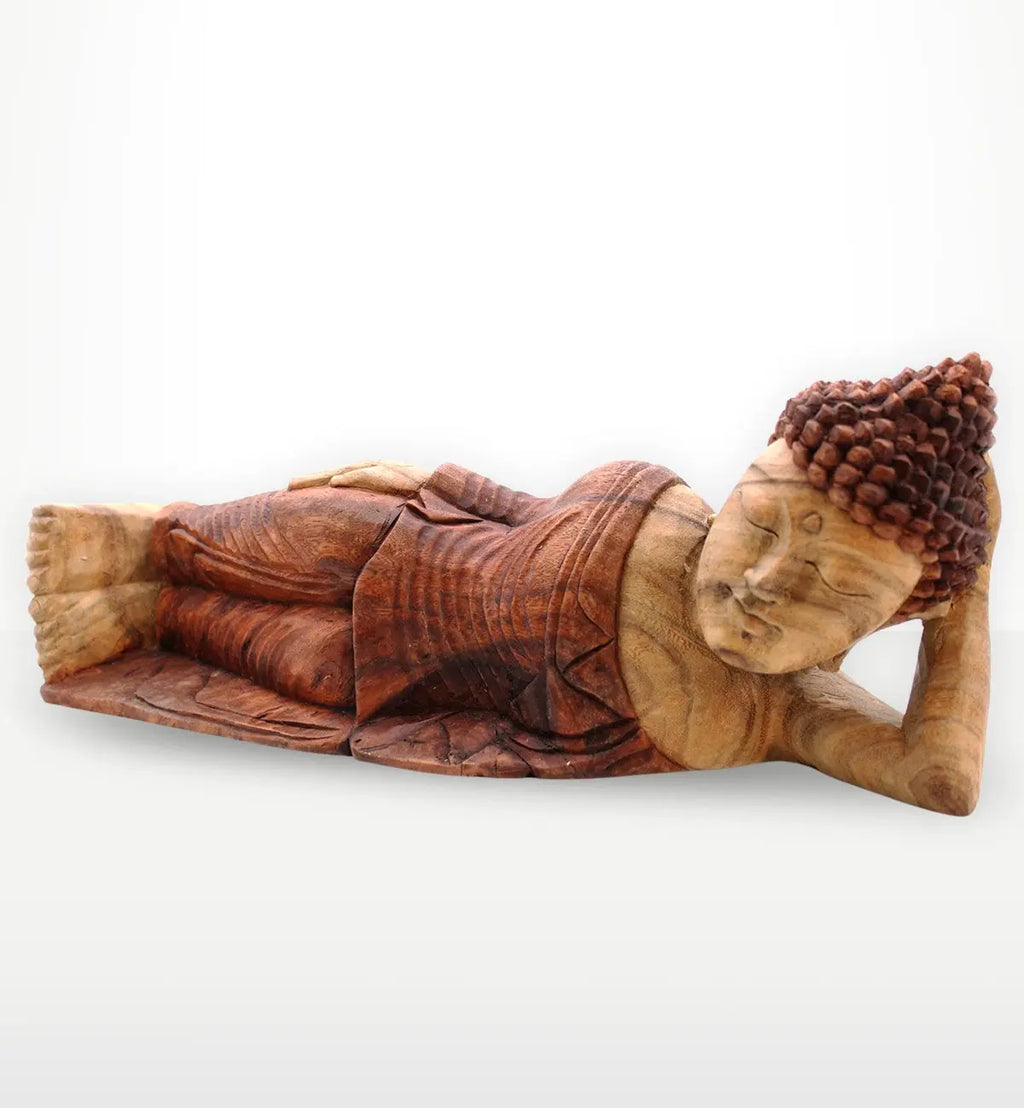 Sleeping Buddha - 50cm handcrafted wooden Buddha statue in a reclining pose, showcasing intricate details and serene expression, perfect for peaceful Buddha decor.