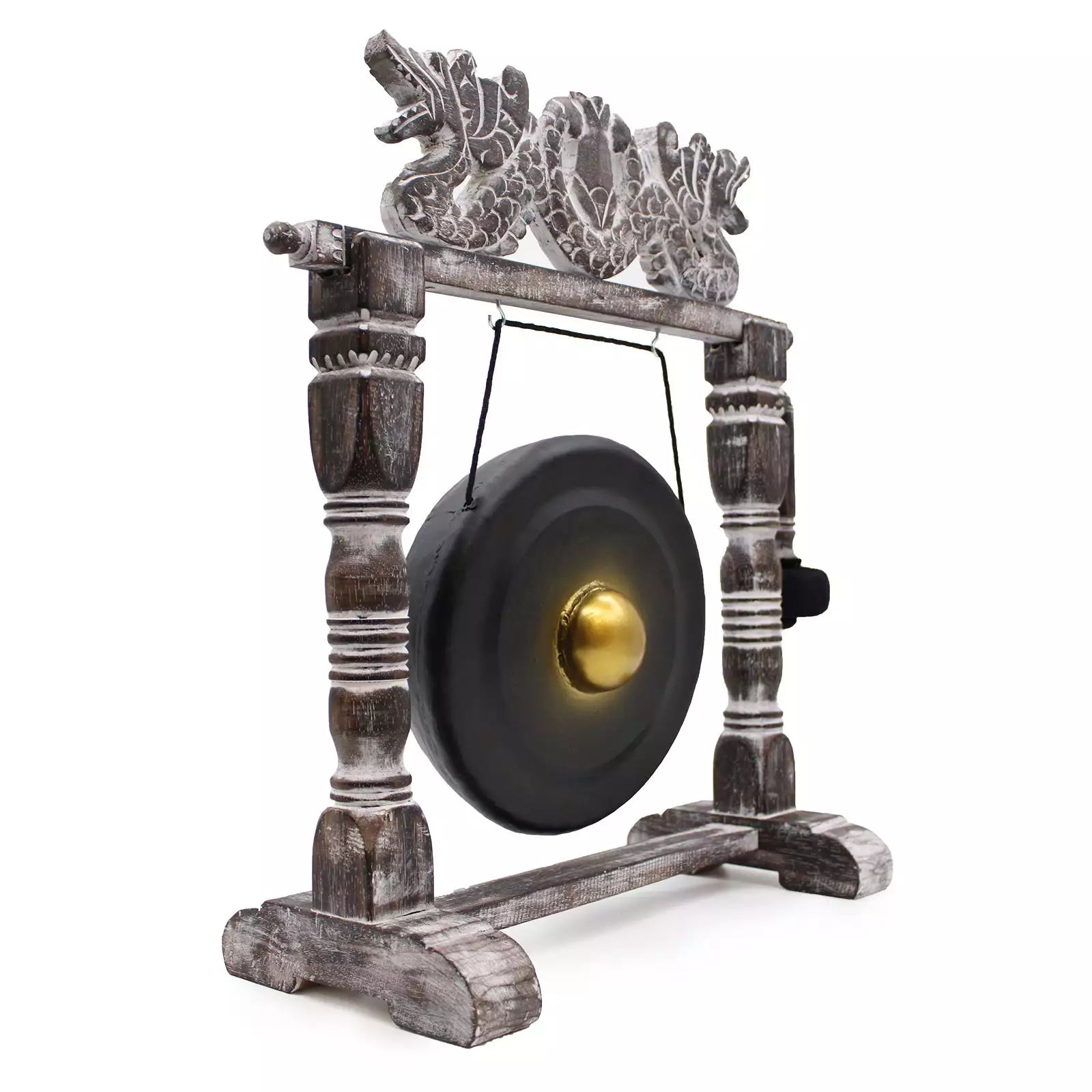Decorative gong with wooden arch and dragon design on a white background