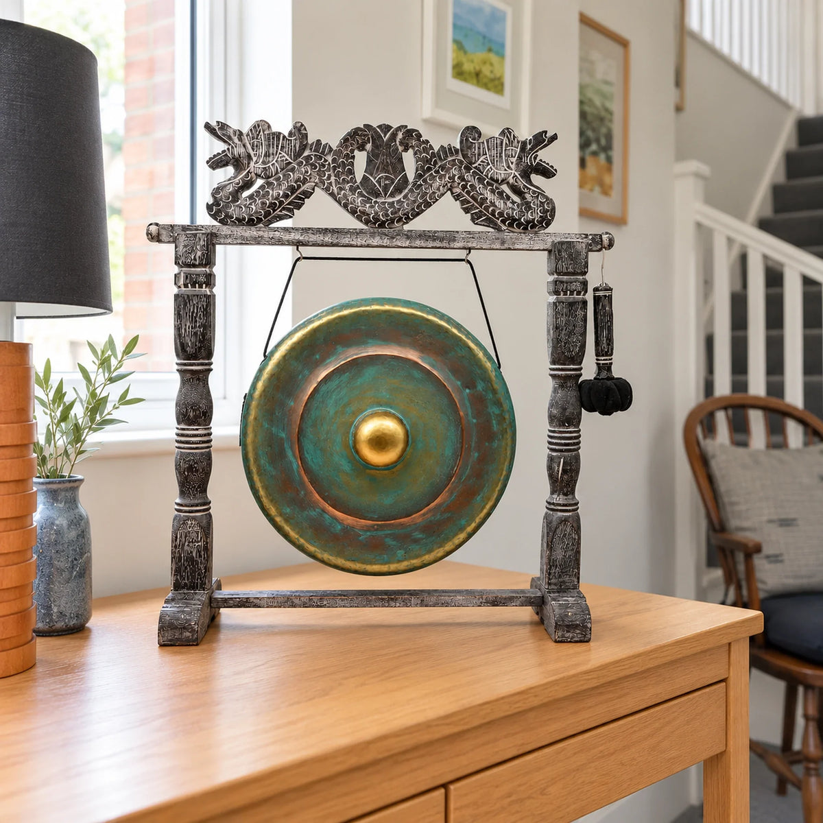 Small Healing Gong in Wooden Stand, 25cm, Greenwash on an oak console in a British hallway.