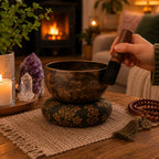 Small Indian Moon Phase Singing Bowl - (approx 550g) - 13cm placed on a patterned cushion, with a hand holding a wooden striker, surrounded by a candle, crystals, and meditation beads in a warm, cozy setting.