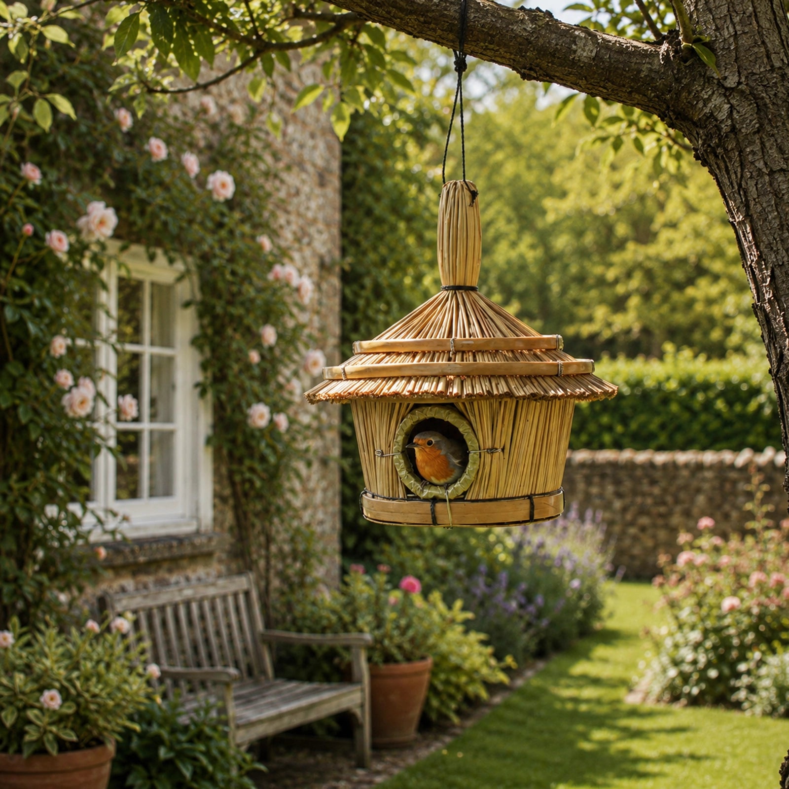 Small Round Seagrass Bird Box 17x17cm hanging from a tree branch in a garden setting, showcasing natural woven seagrass texture and round entrance hole.
