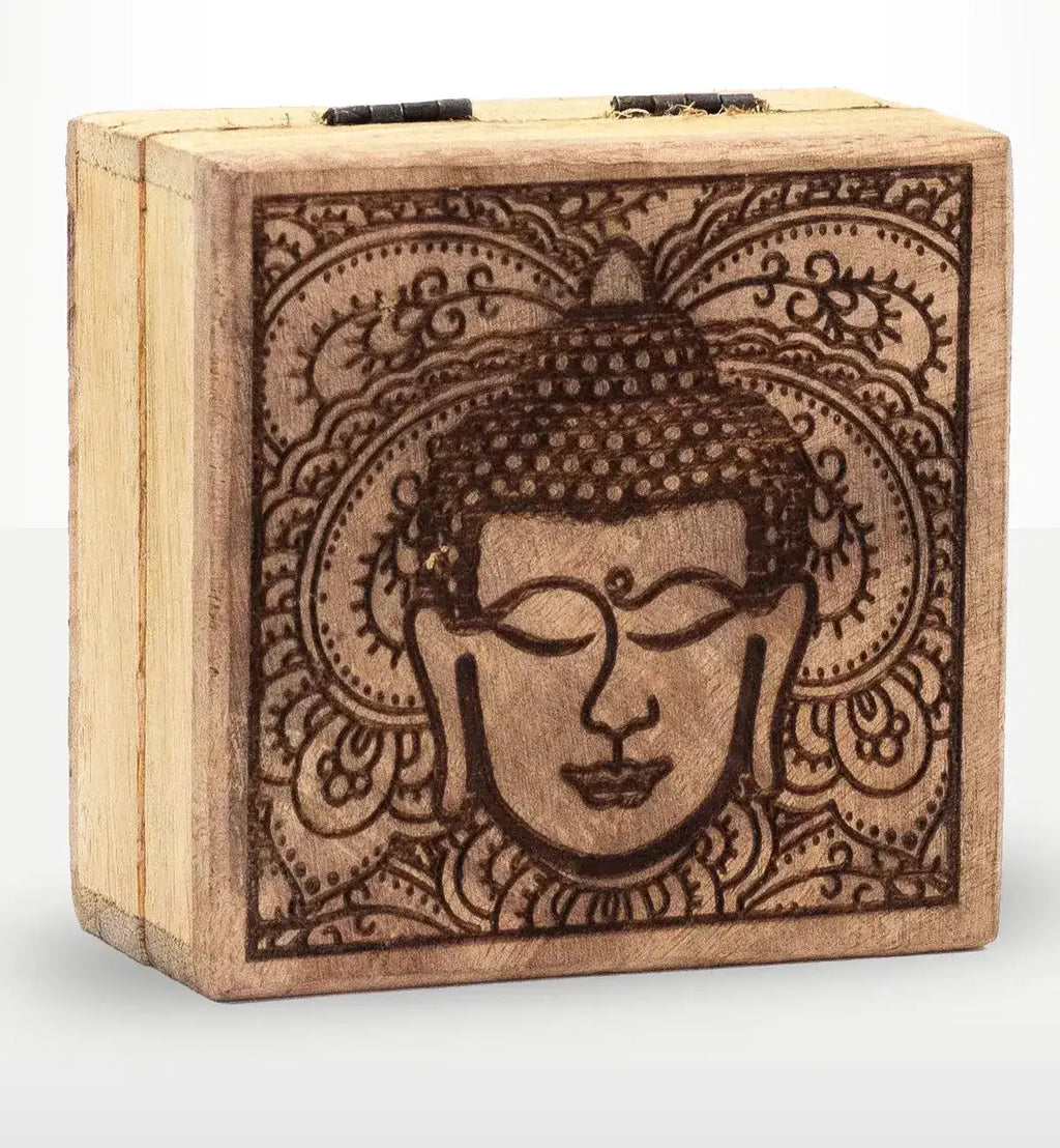 Small Square Box 10x10x4.2cm - Buddha Face Black Engraved wooden box featuring a finely detailed Buddha face design with intricate patterns, perfect for Buddha decor or storage.