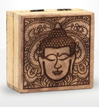 Small Square Box 10x10x4.2cm - Buddha Face Black Engraved wooden box featuring a finely detailed Buddha face design with intricate patterns, perfect for Buddha decor or storage.