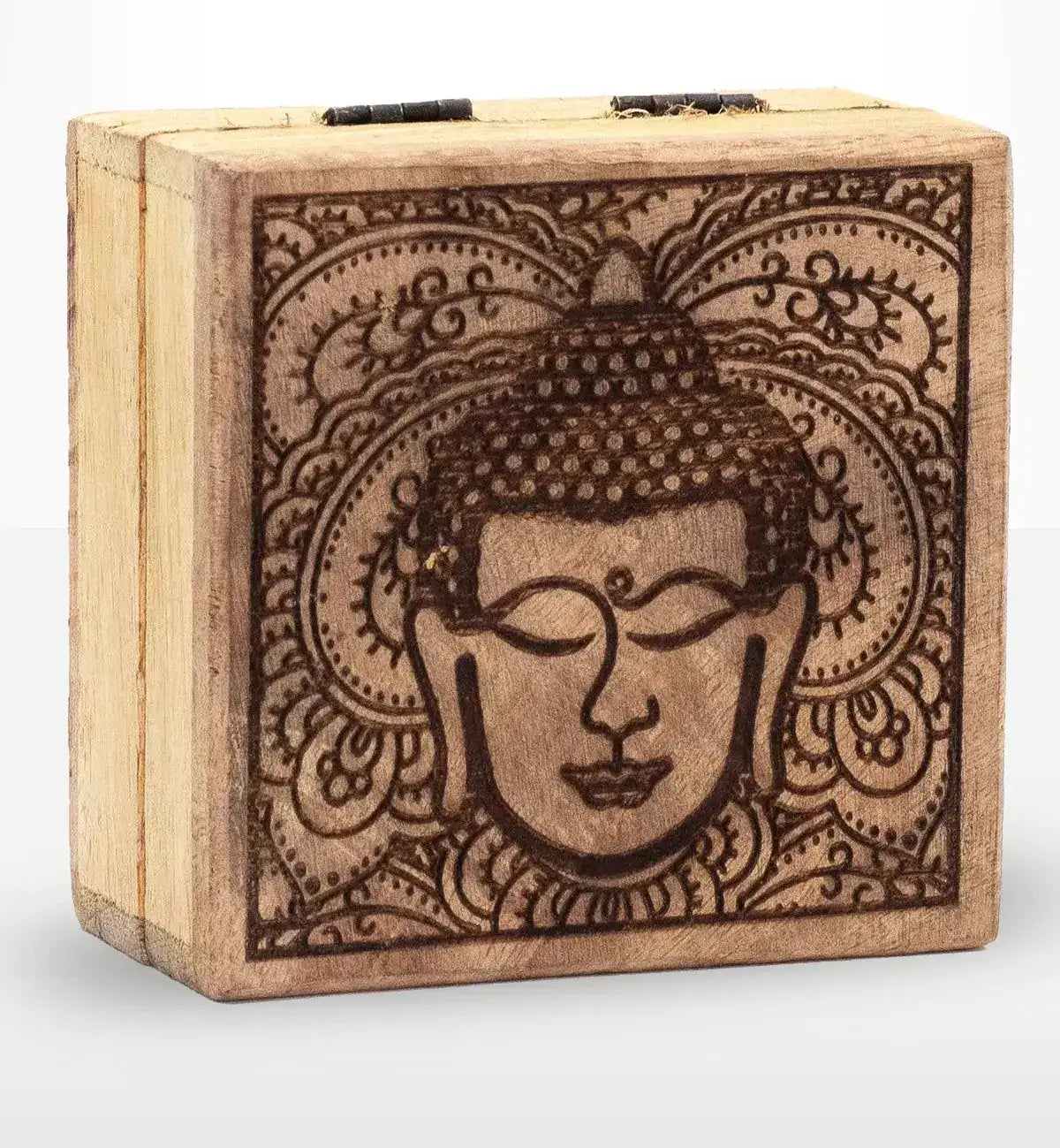 Small Square Box 10x10x4.2cm - Buddha Face Black Engraved wooden box featuring a finely detailed Buddha face design with intricate patterns, perfect for Buddha decor or storage.