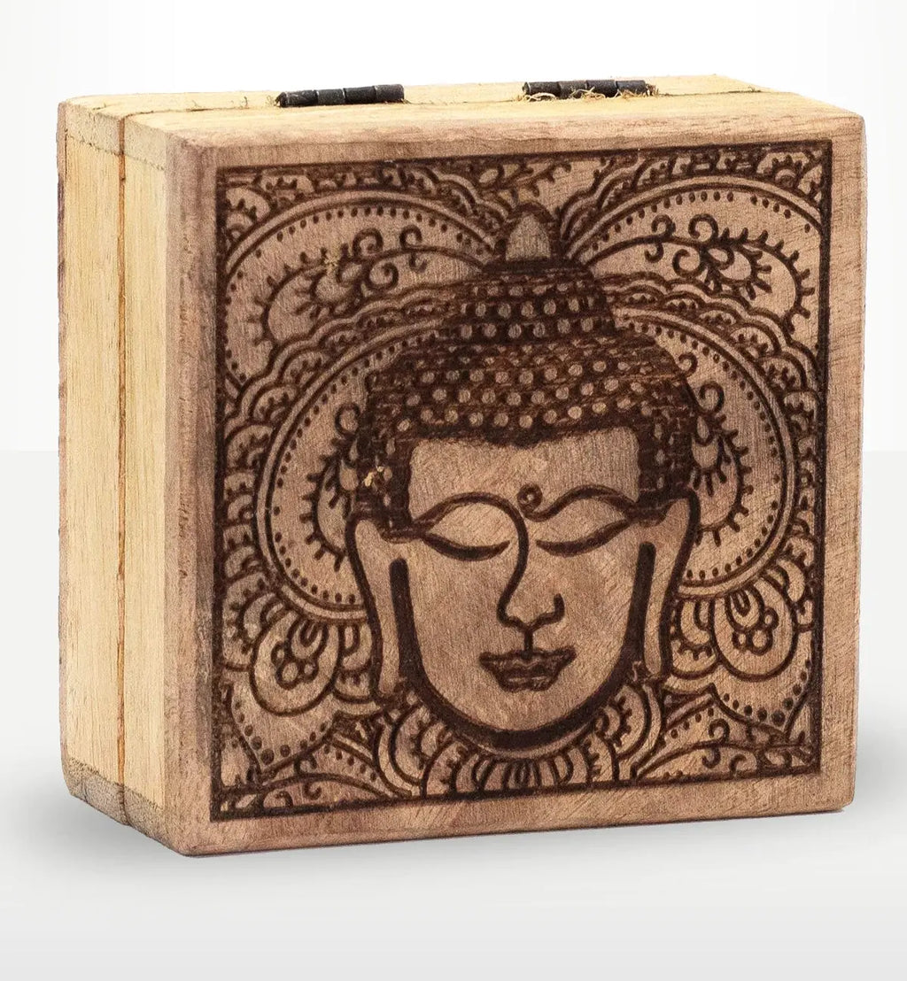 Small Square Box 10x10x4.2cm - Buddha Face Black Engraved with detailed hand-carved Buddha head design on natural wood, perfect for Buddha decor and meditation spaces.