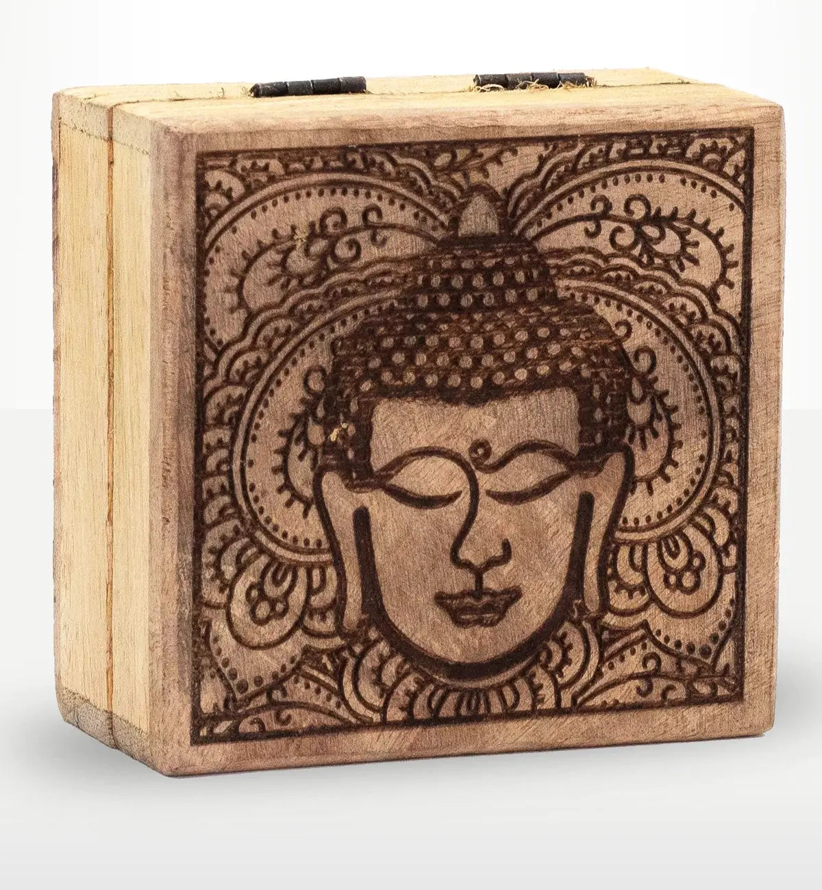 Small Square Box 10x10x4.2cm - Buddha Face Black Engraved with detailed hand-carved Buddha head design on natural wood, perfect for Buddha decor and meditation spaces.