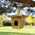 Small Square Seagrass Bird Box 18x13cm hanging from a tree branch outdoors, handcrafted from natural seagrass with a small entrance hole in a peaceful garden setting