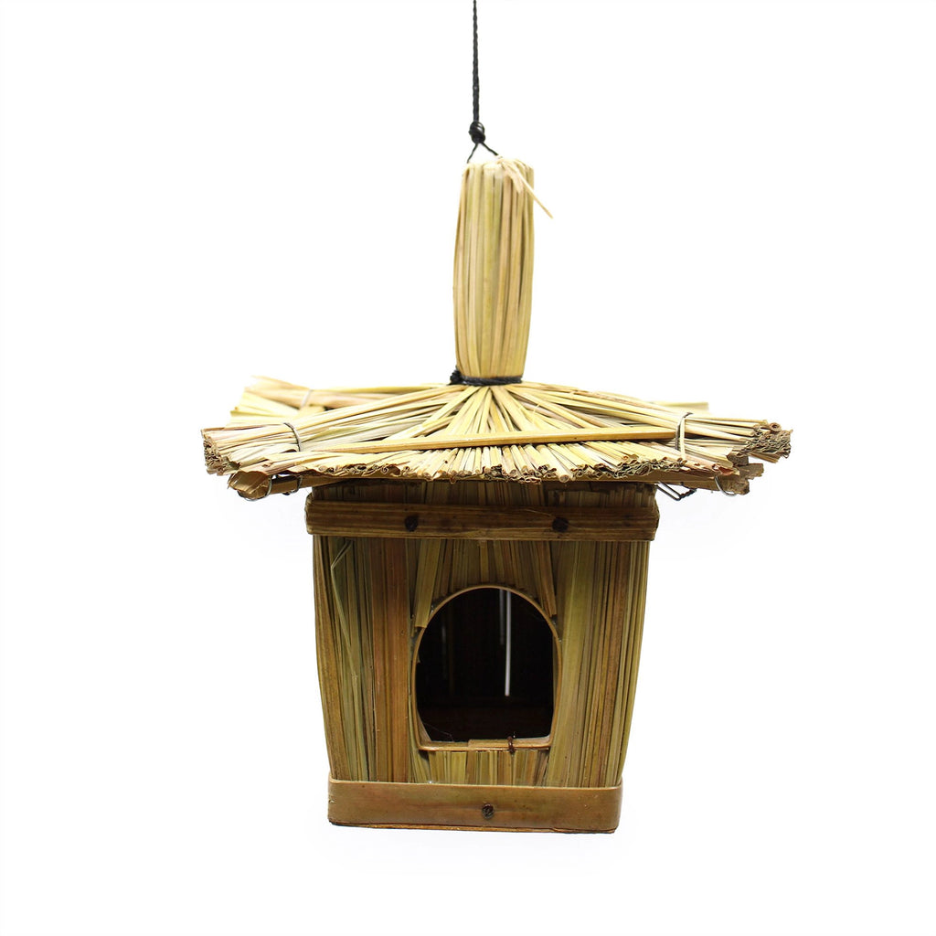 Small Square Seagrass Bird Box 18x13cm hanging from a tree branch outdoors, handcrafted from natural seagrass with a small entrance hole in a peaceful garden setting