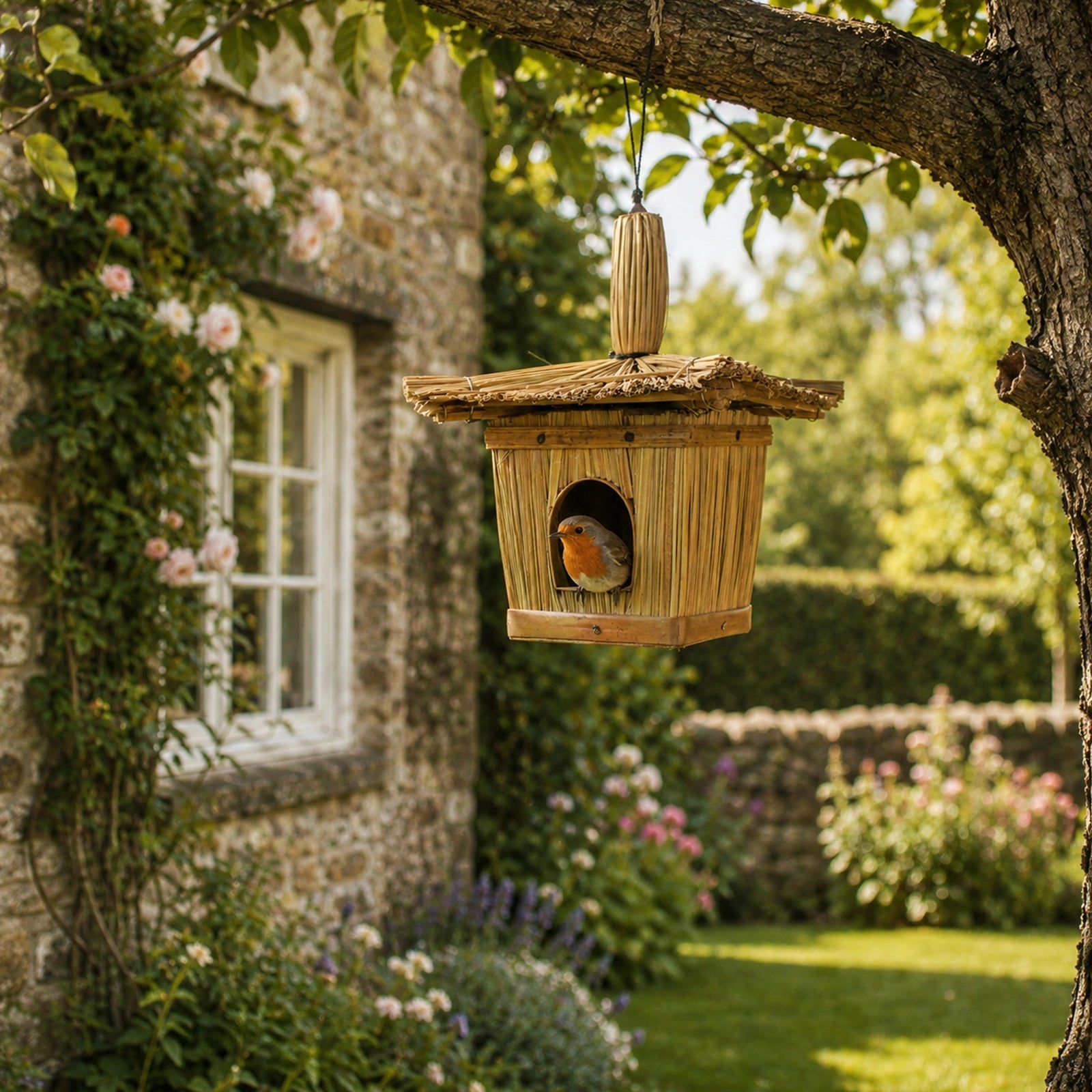 Small Square Seagrass Bird Box 18x13cm hanging from a tree branch outdoors, handcrafted from natural seagrass with a small entrance hole in a peaceful garden setting