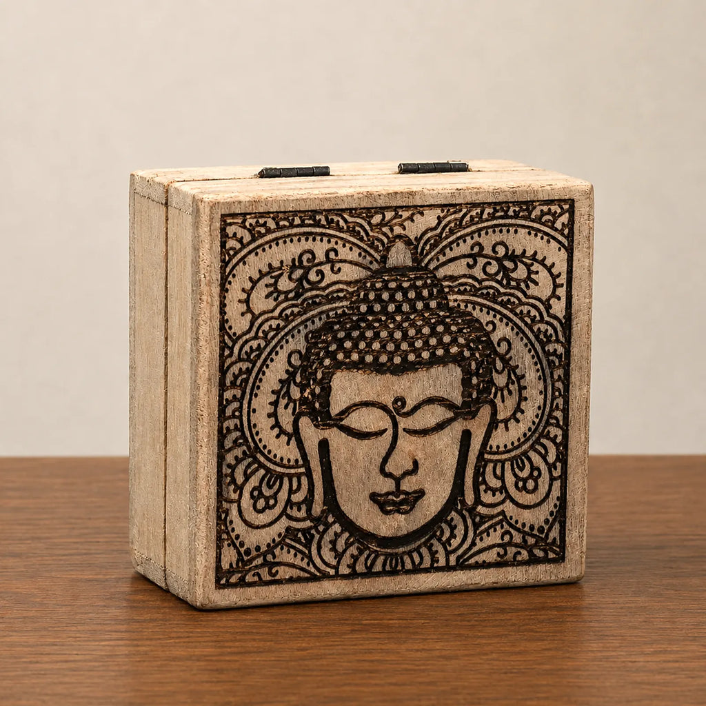 Small Square Wooden Buddha Box 10x10x4.2cm - Buddha Face Black Engraved