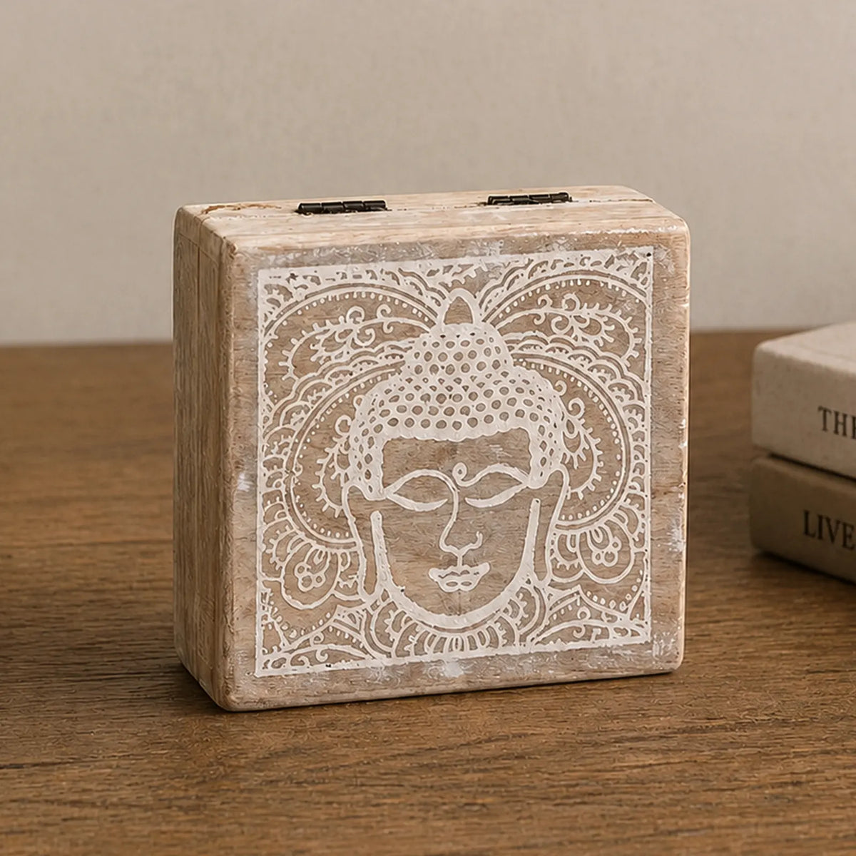 Small Square Wooden Buddha Box 10x10x4.2cm - Buddha Face Whitewash