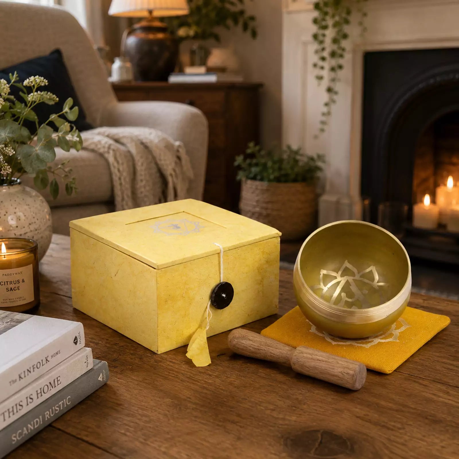A yellow singing bowl set with a wooden mallet and matching box, styled on a wooden table in a cozy living room with a fireplace in the background.