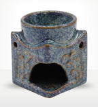 Square Buddha Burner - Dusty Blue ceramic burner with a textured glaze finish and decorative carved patterns, designed for use as a Buddha oil burner or incense plate.
