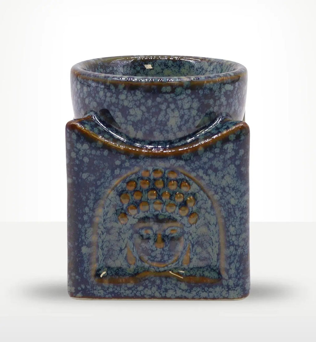 Square Buddha Burner - Dusty Blue ceramic oil burner featuring a textured Buddha face design, perfect for adding serene Buddha decor to any space.