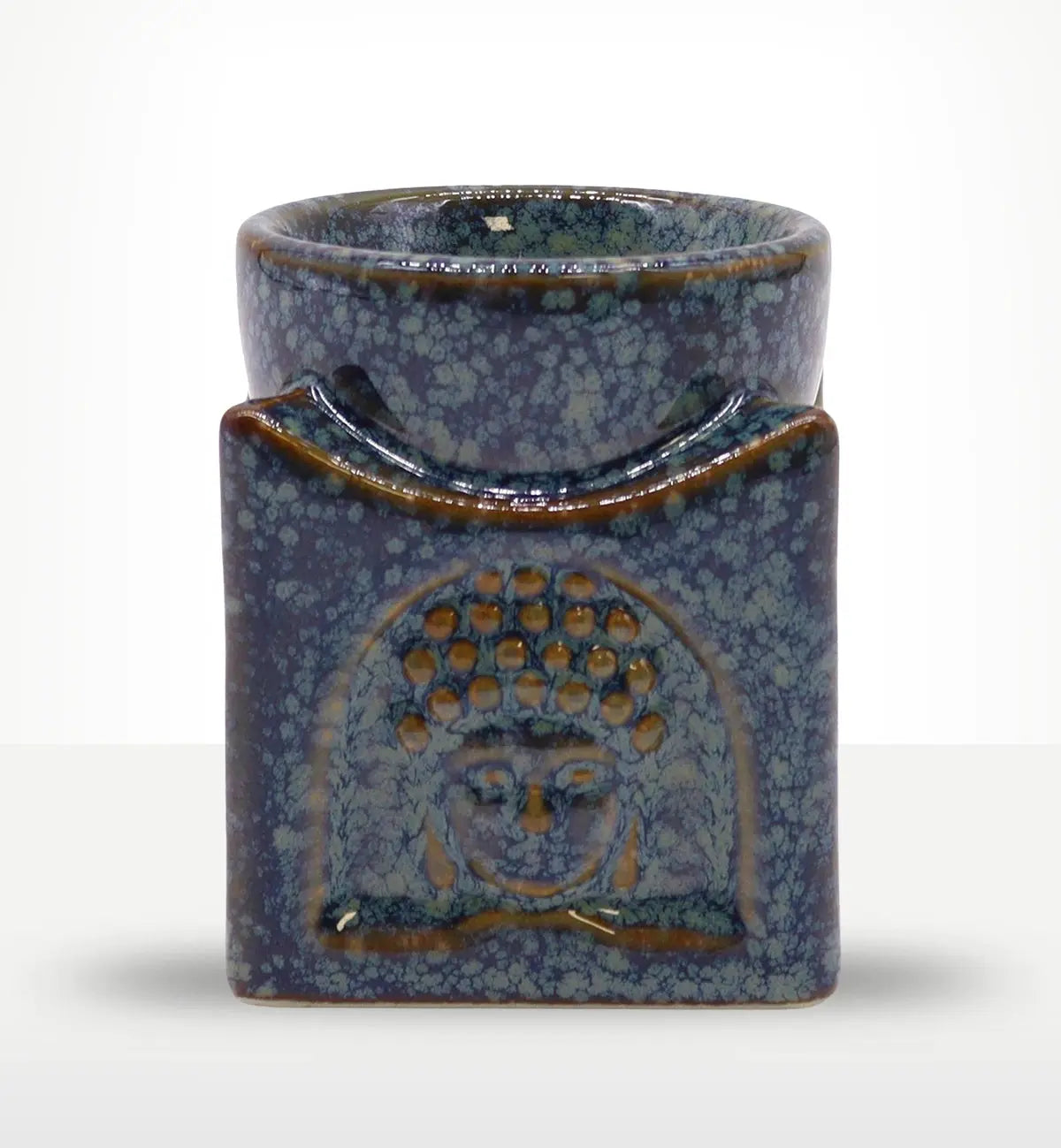Square Buddha Burner - Dusty Blue ceramic oil burner featuring a textured Buddha face design, perfect for adding serene Buddha decor to any space.