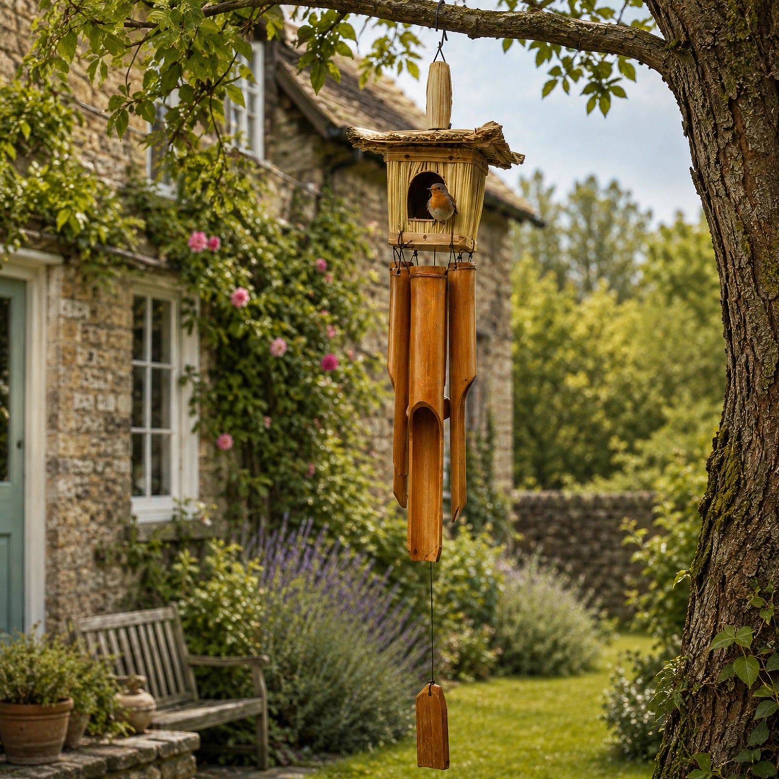 Square Seagrass Bird Box with Chimes 49x15cm featuring a natural woven seagrass birdhouse above bamboo wind chimes, designed for decorative outdoor or indoor use.
