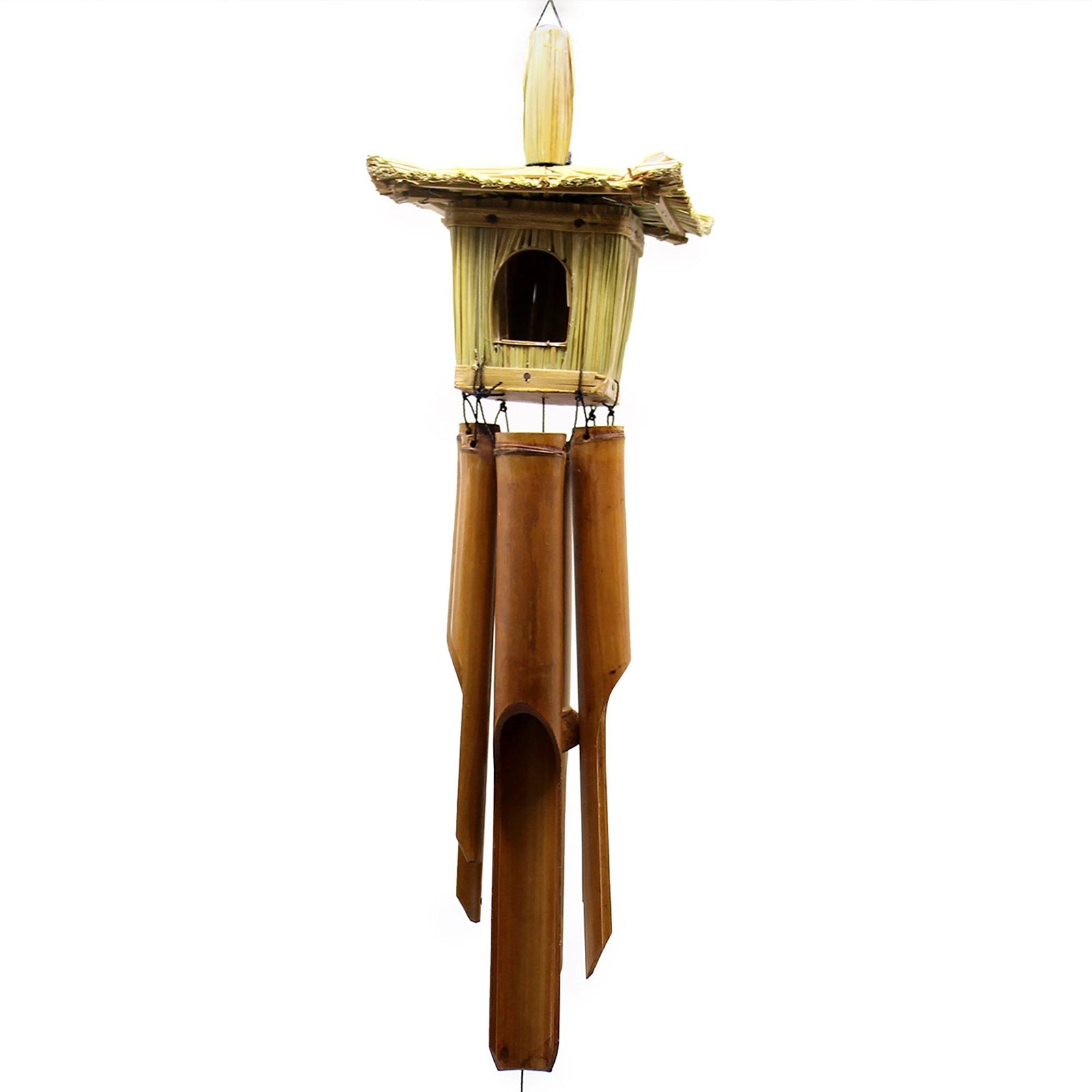 Square Seagrass Bird Box with Chimes 49x15cm featuring a natural woven seagrass birdhouse above bamboo wind chimes, designed for decorative outdoor or indoor use.