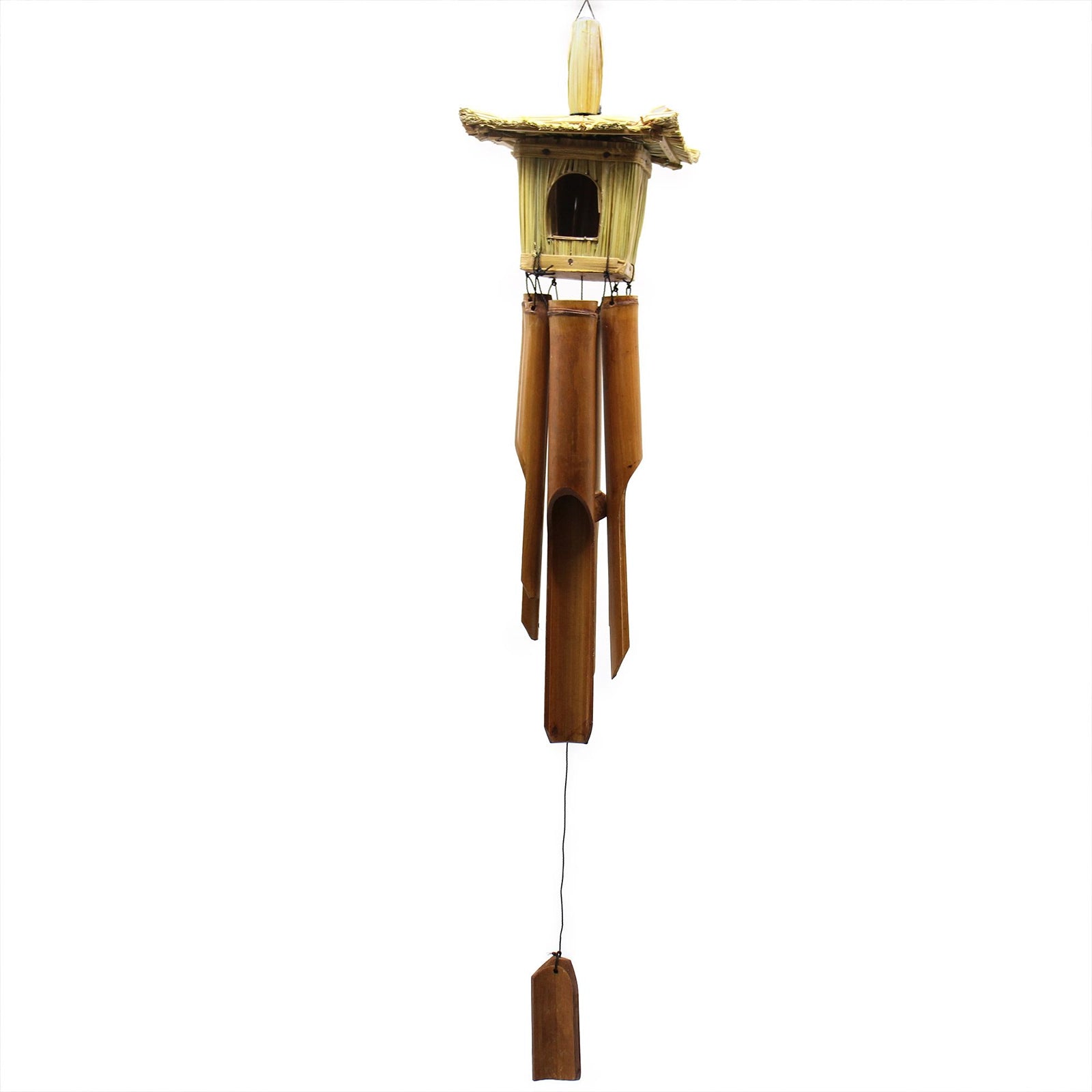 Square Seagrass Bird Box with Chimes 49x15cm featuring a natural woven seagrass birdhouse above bamboo wind chimes, designed for decorative outdoor or indoor use.