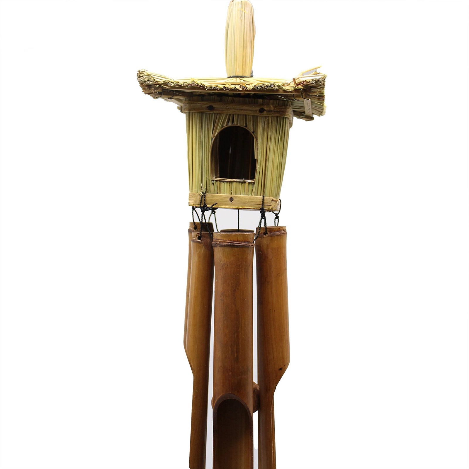 Square Seagrass Bird Box with Chimes 49x15cm featuring a natural woven seagrass birdhouse above bamboo wind chimes, designed for decorative outdoor or indoor use.