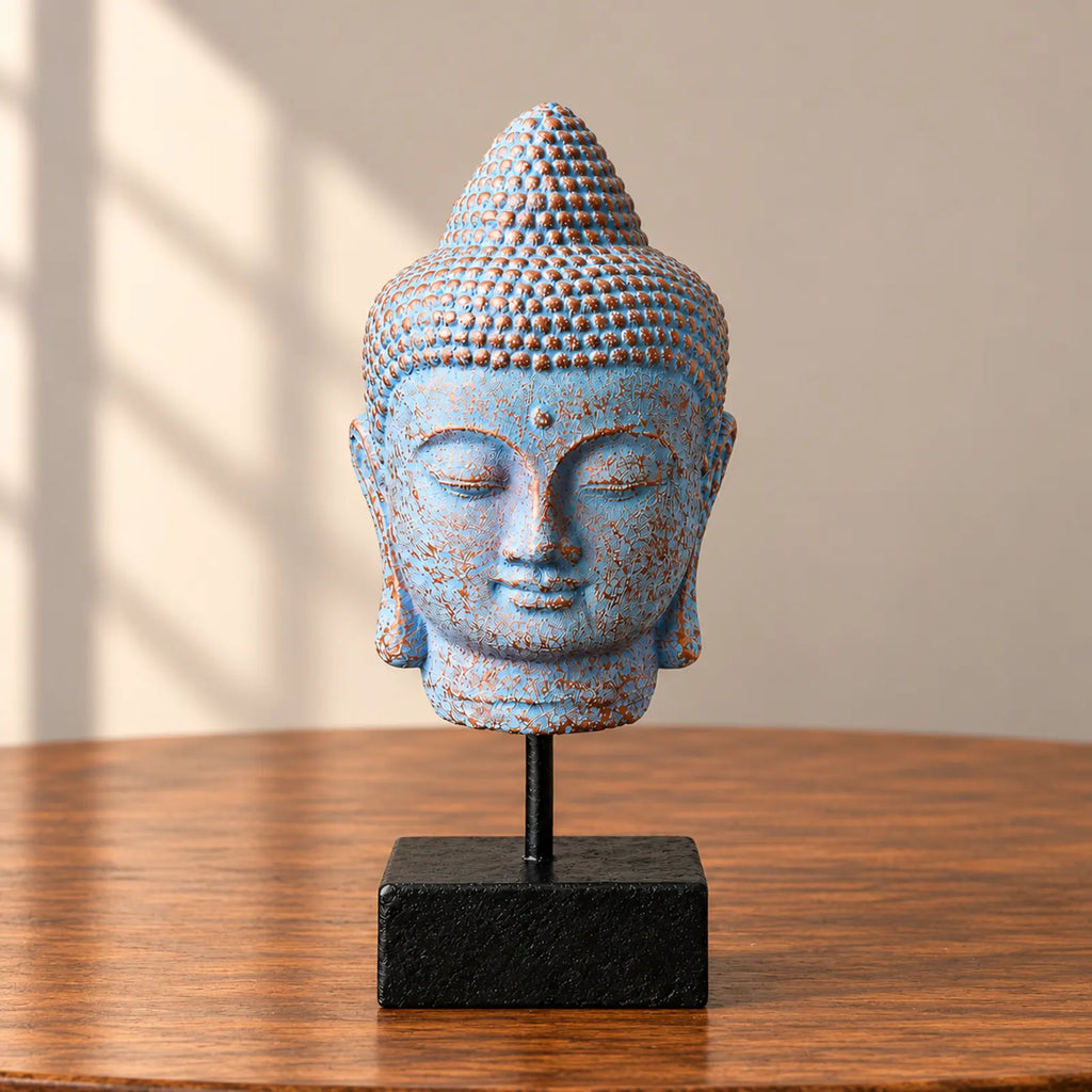 Stillness Buddha Head Statue on Stand - Blue Copper