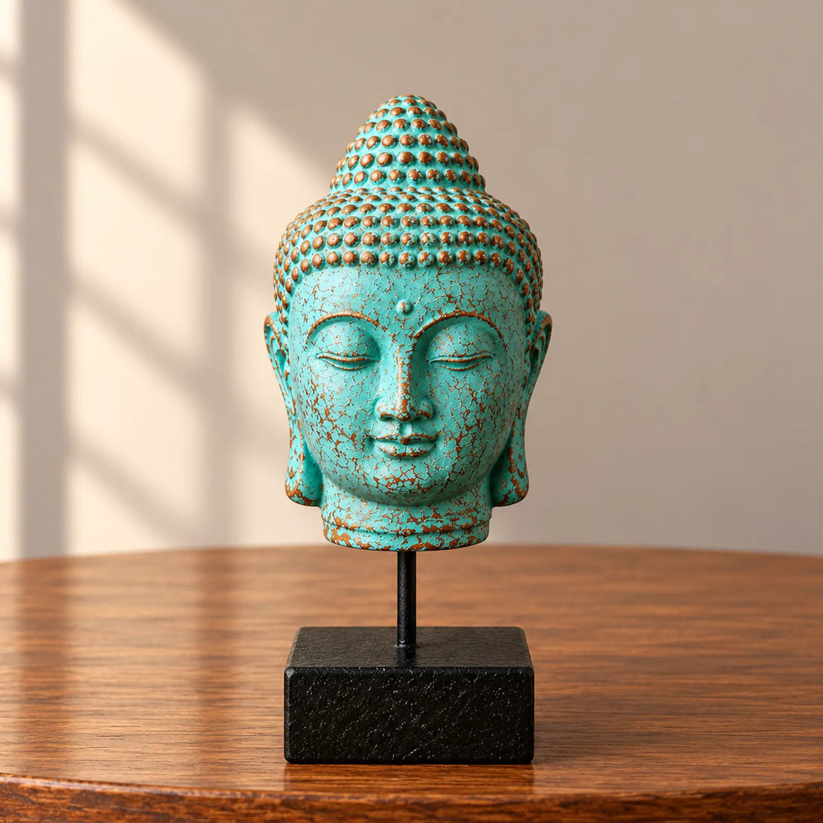 Stillness Buddha Head Statue on Stand - Green Copper