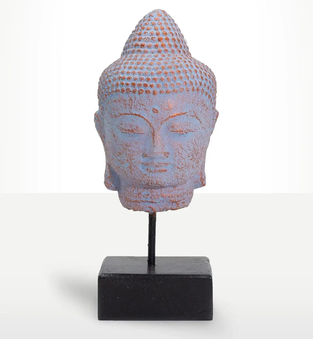 Stillness Buddha Head on Stand - Blue Copper featuring a serene Buddha head sculpture with textured blue copper finish mounted on a simple black stand, ideal for peaceful Buddha decor.
