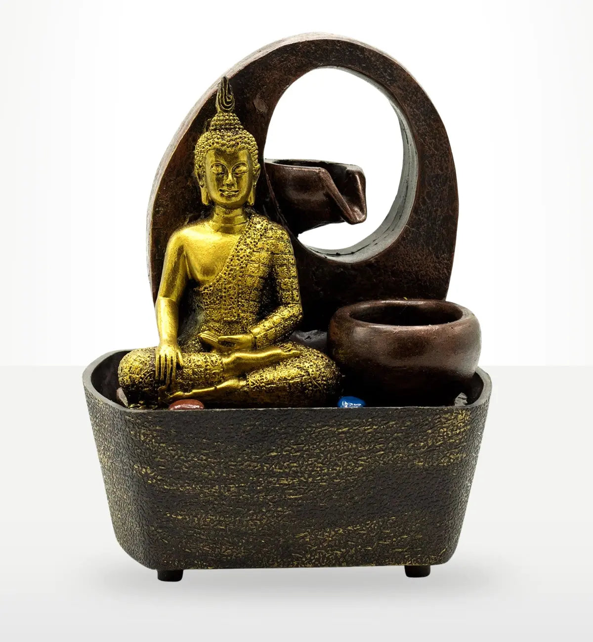Tabletop Water Feature - 21.5cm - Golden Buddha & Pots with hand-carved golden Buddha figure and dark resin pots, ideal for serene Buddha decor and meditation spaces.