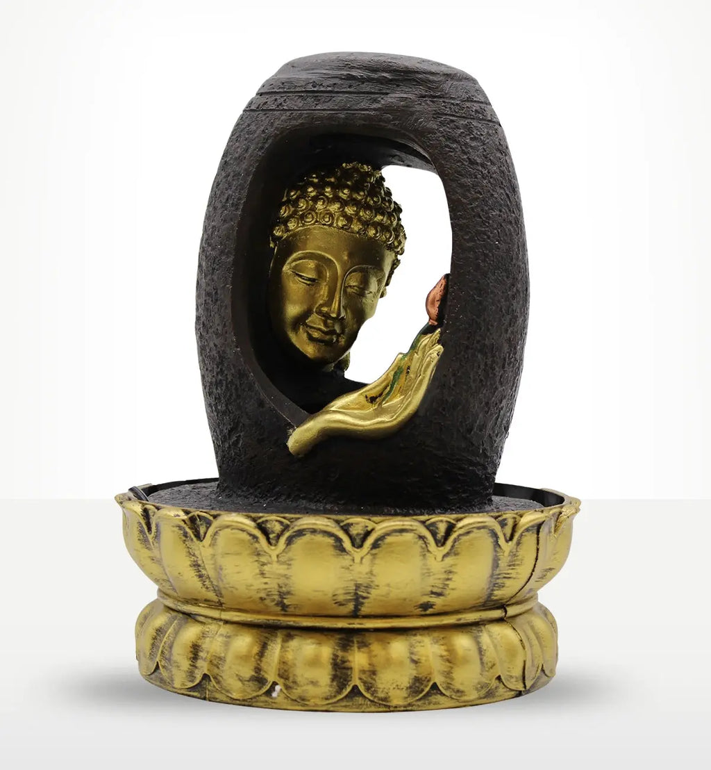 Tabletop Water Feature - 30cm - Golden Buddha & Vitarka Mudra featuring a serene golden Buddha head and hand in vitarka mudra, set within an antique-style lotus base water fountain.