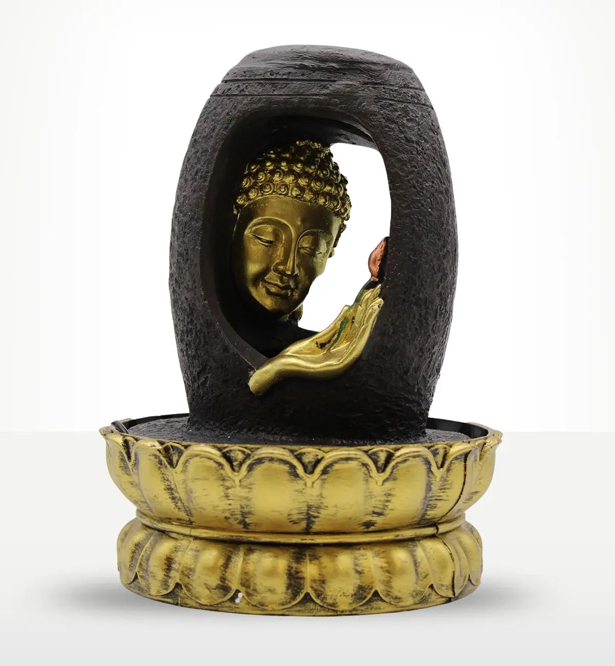 Tabletop Water Feature - 30cm - Golden Buddha & Vitarka Mudra featuring a serene golden Buddha head and hand in vitarka mudra, set within an antique-style lotus base water fountain.