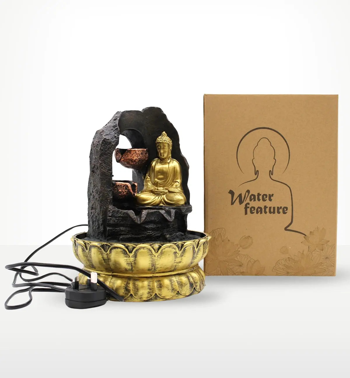 Tabletop Water Feature - 30cm - Golden Meditating Buddha with flowing water design, featuring a golden resin Buddha statue and a decorative base, ideal for peaceful indoor decor.