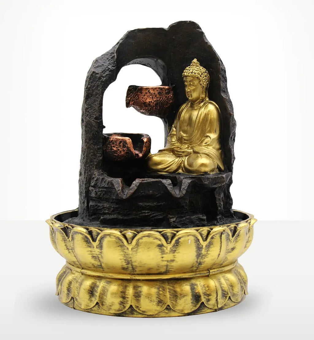 Tabletop Water Feature - 30cm - Golden Meditating Buddha with flowing water bowls, featuring a serene gold Buddha statue seated on an ornate lotus-inspired base.