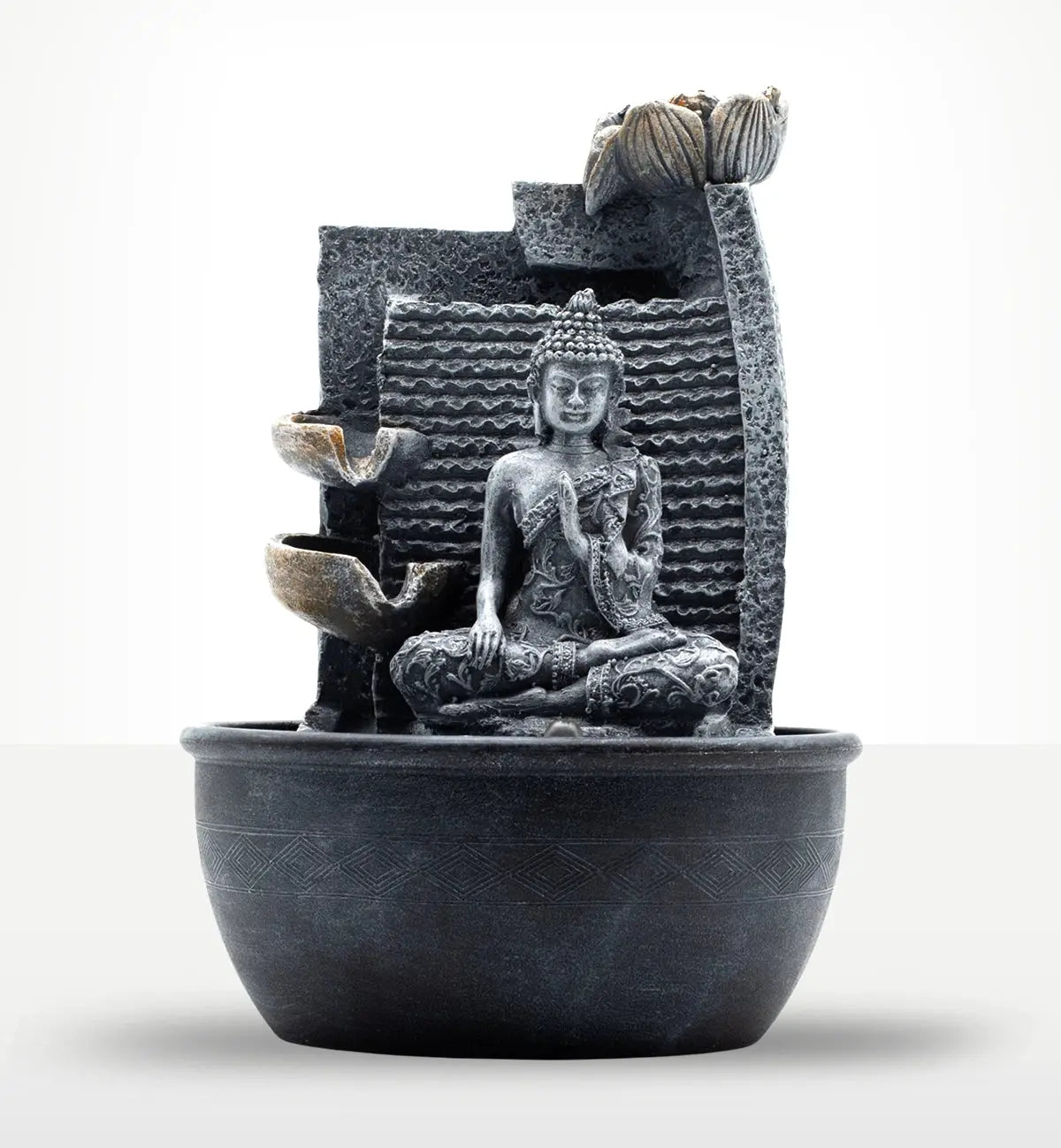 Tabletop Water Feature - 19x19x28cm - Buddha, Lotus Flower Cascading Potsx featuring a serene resin Buddha statue seated in meditation with cascading lotus flower pots and textured backdrop.
