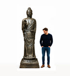 Tall Antique Gold Standing Buddha Statue - 3m Tall displayed next to a man for scale, showcasing intricate hand-carved details and serene expression in brass finish.