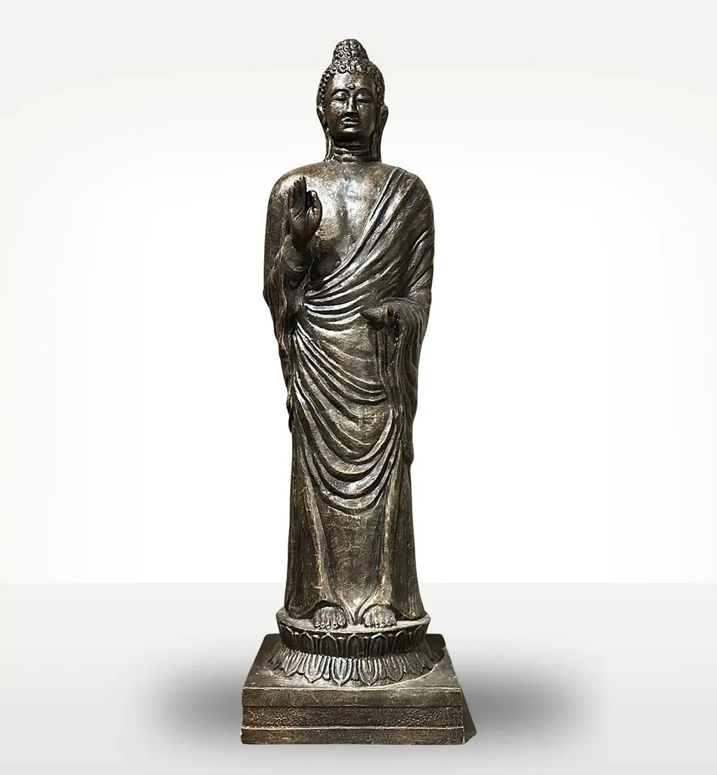Tall Antique Gold Standing Buddha Statue - 3m Tall featuring intricate hand-carved details in a bronze-like finish, representing traditional Buddhist art and decor.